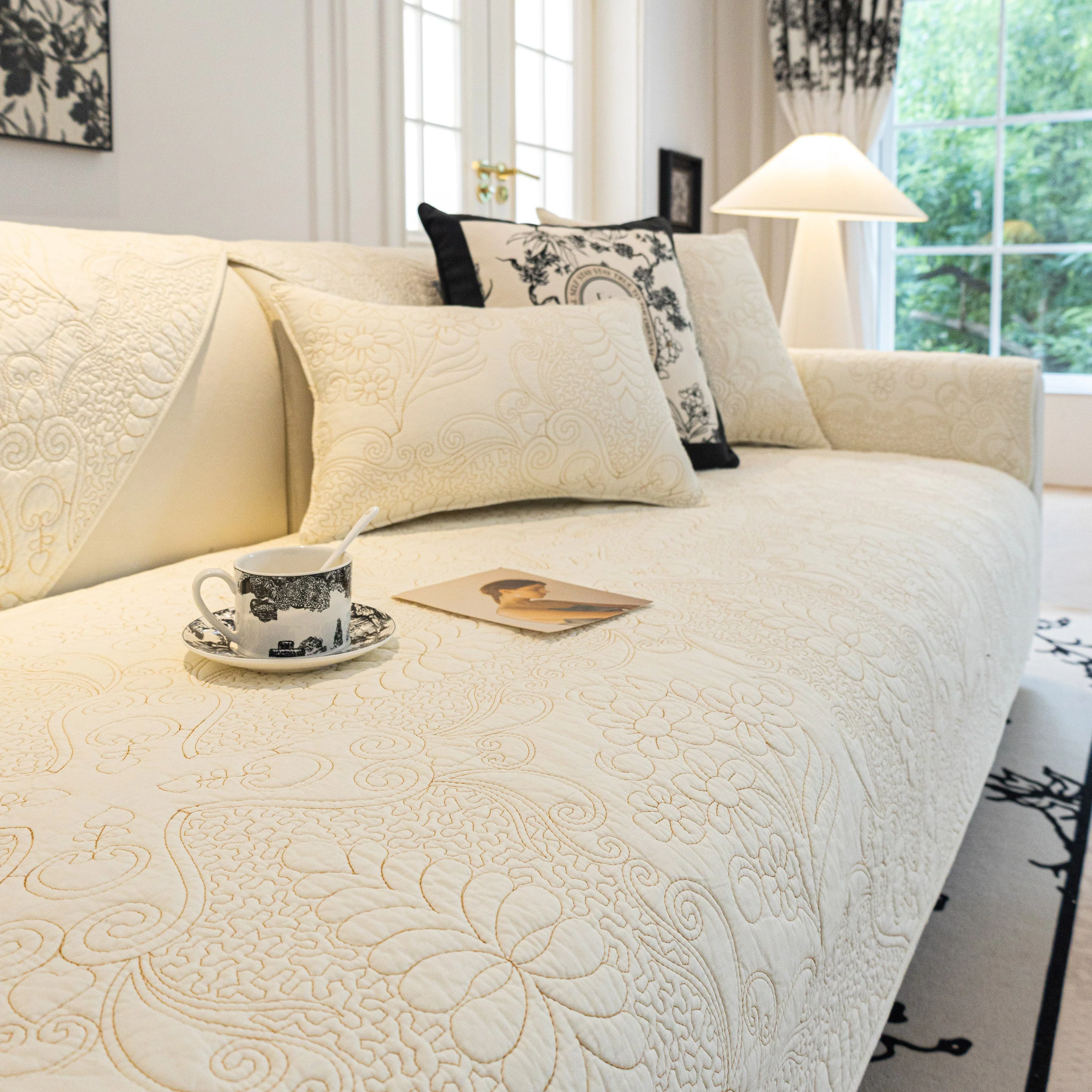 Baroque Floral Quilted Cotton Sofa Cover, Non-Slip Washable Couch Protector - Image 21
