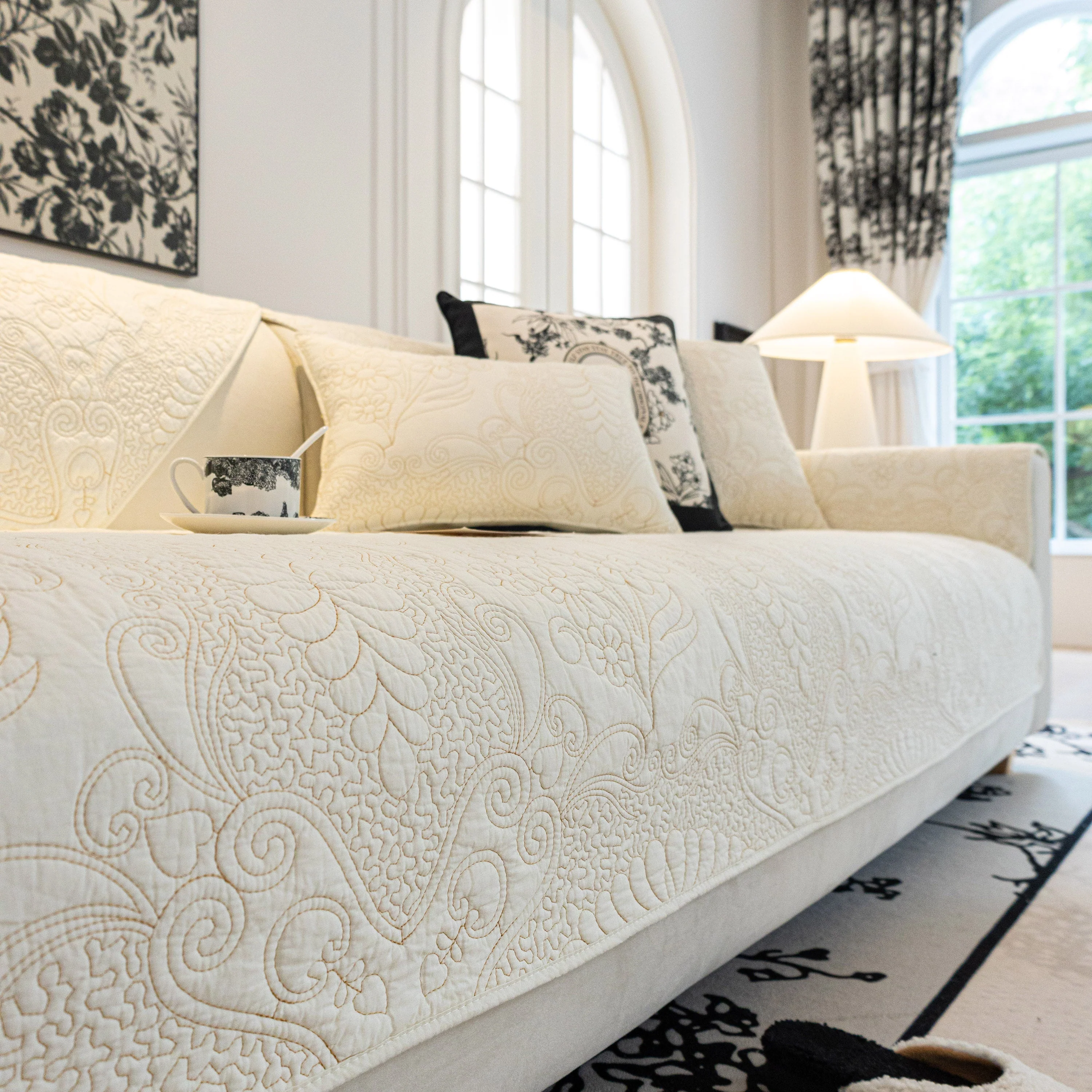 Baroque Floral Quilted Cotton Sofa Cover, Non-Slip Washable Couch Protector - Image 22