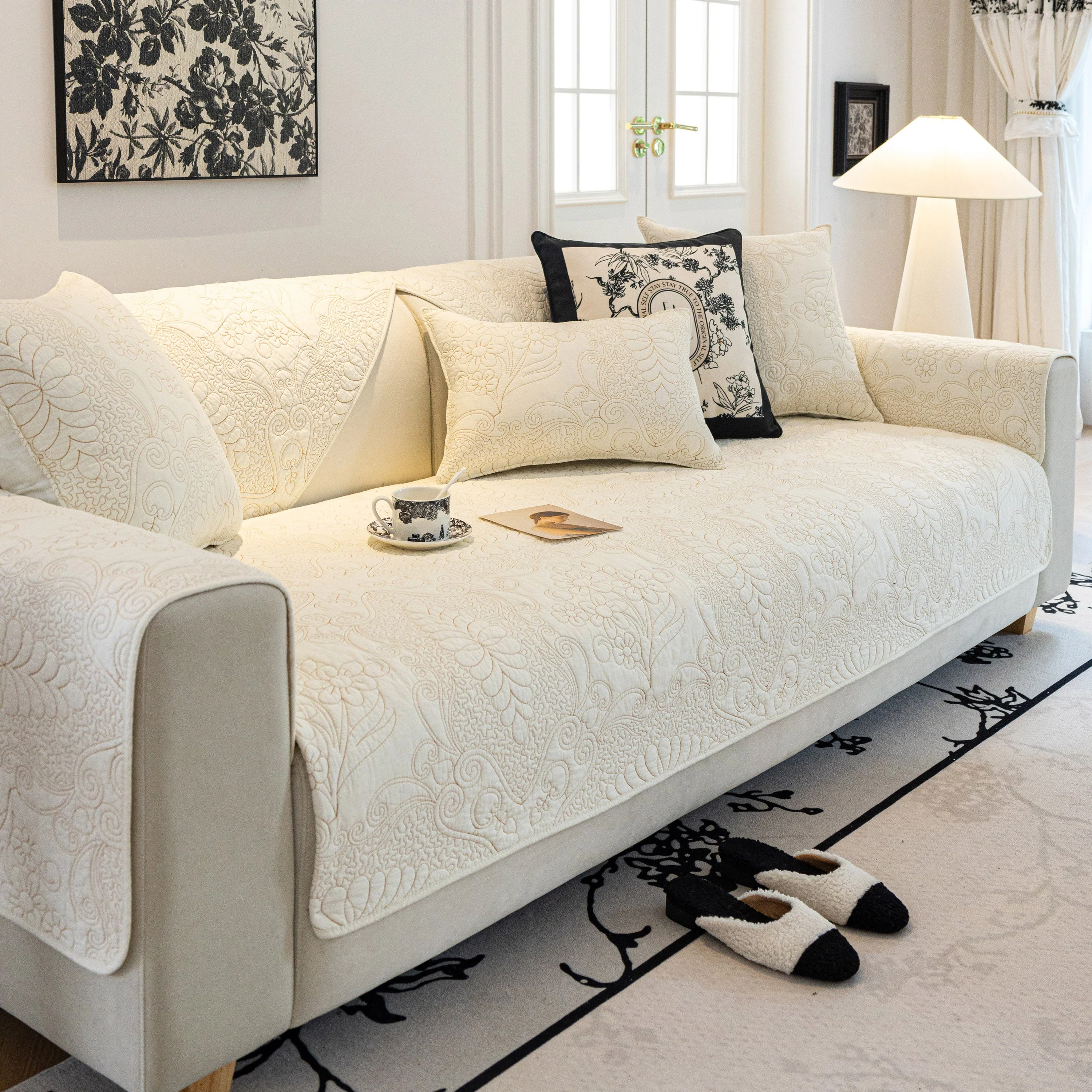 Baroque Floral Quilted Cotton Sofa Cover, Non-Slip Washable Couch Protector - Image 24