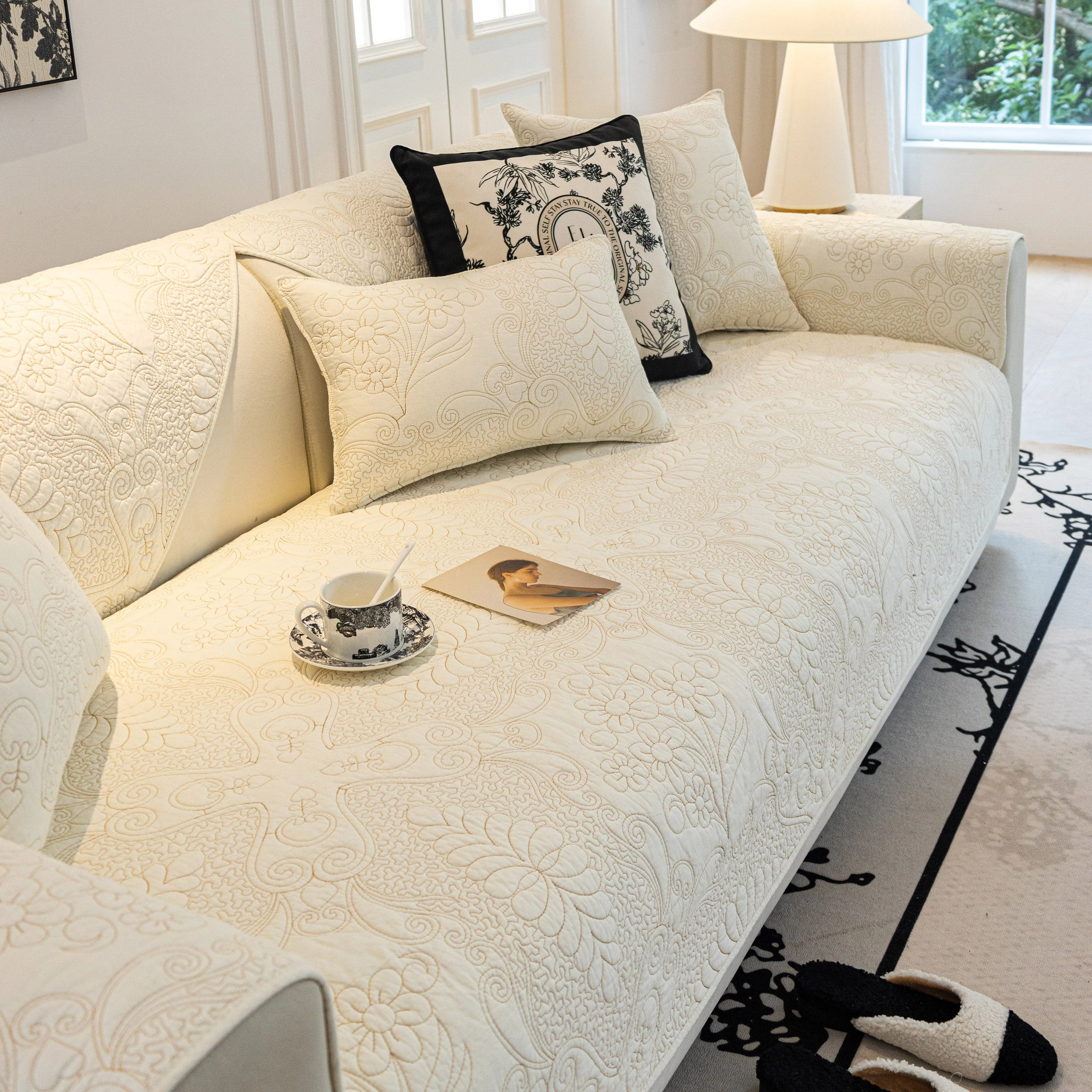 Baroque Floral Quilted Cotton Sofa Cover, Non-Slip Washable Couch Protector - Image 25