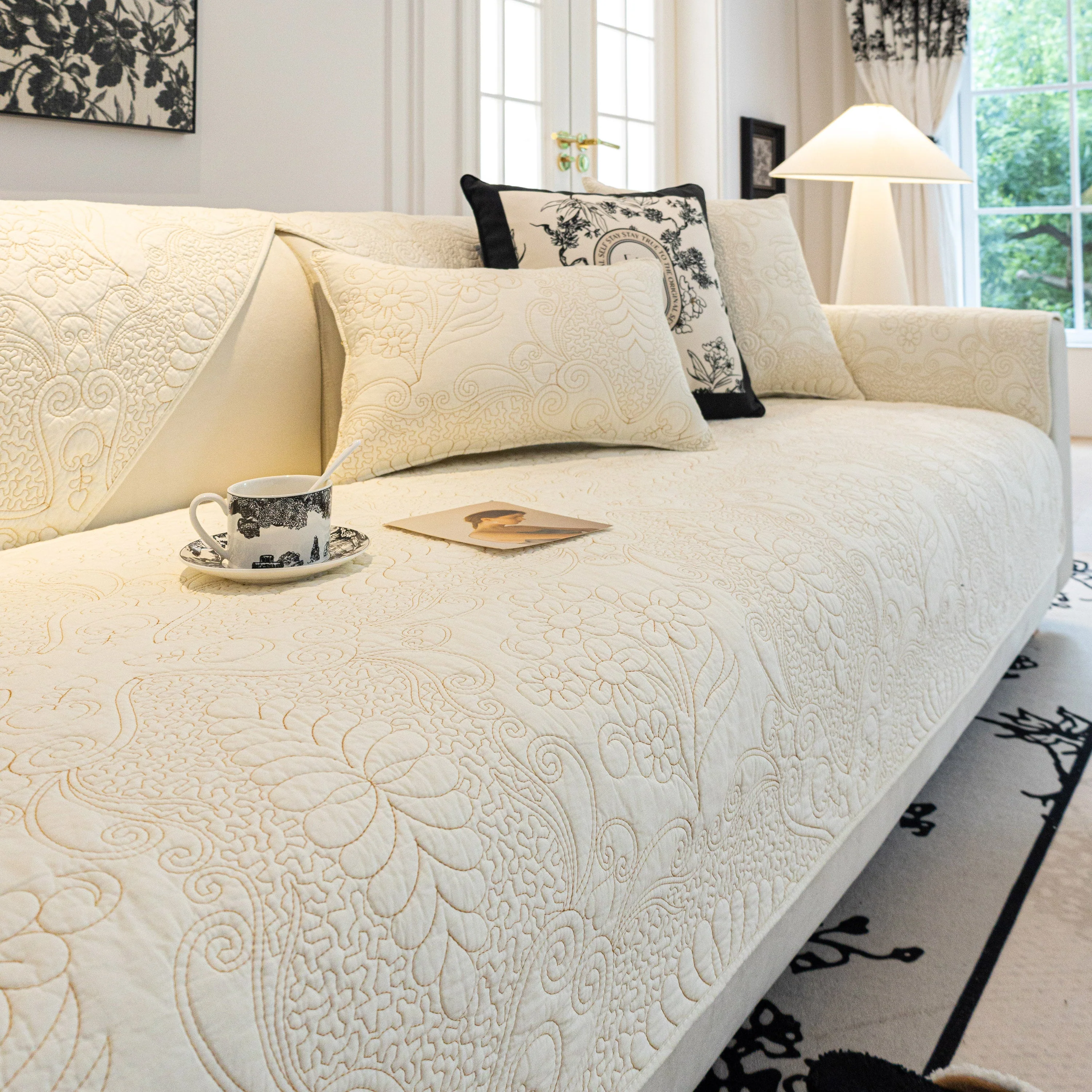 Baroque Floral Quilted Cotton Sofa Cover, Non-Slip Washable Couch Protector - Image 26
