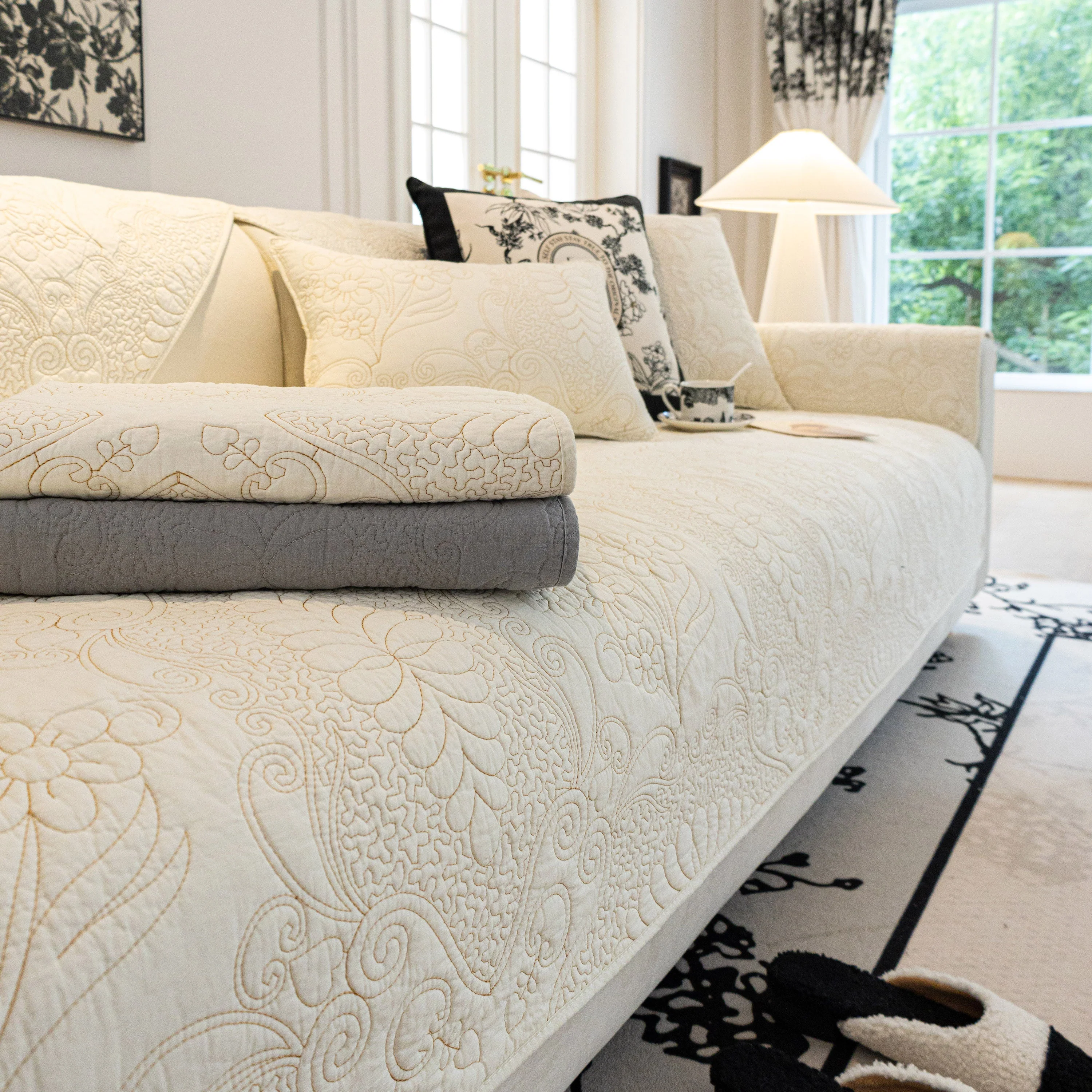 Baroque Floral Quilted Cotton Sofa Cover, Non-Slip Washable Couch Protector - Image 27
