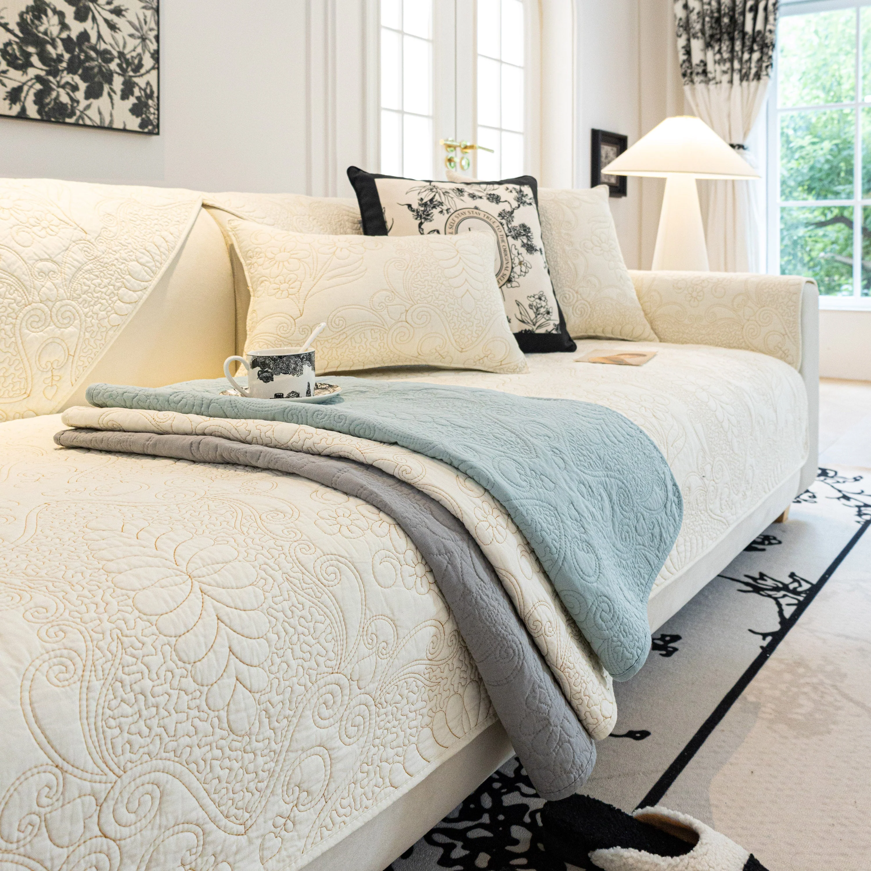 Baroque Floral Quilted Cotton Sofa Cover, Non-Slip Washable Couch Protector - Image 28