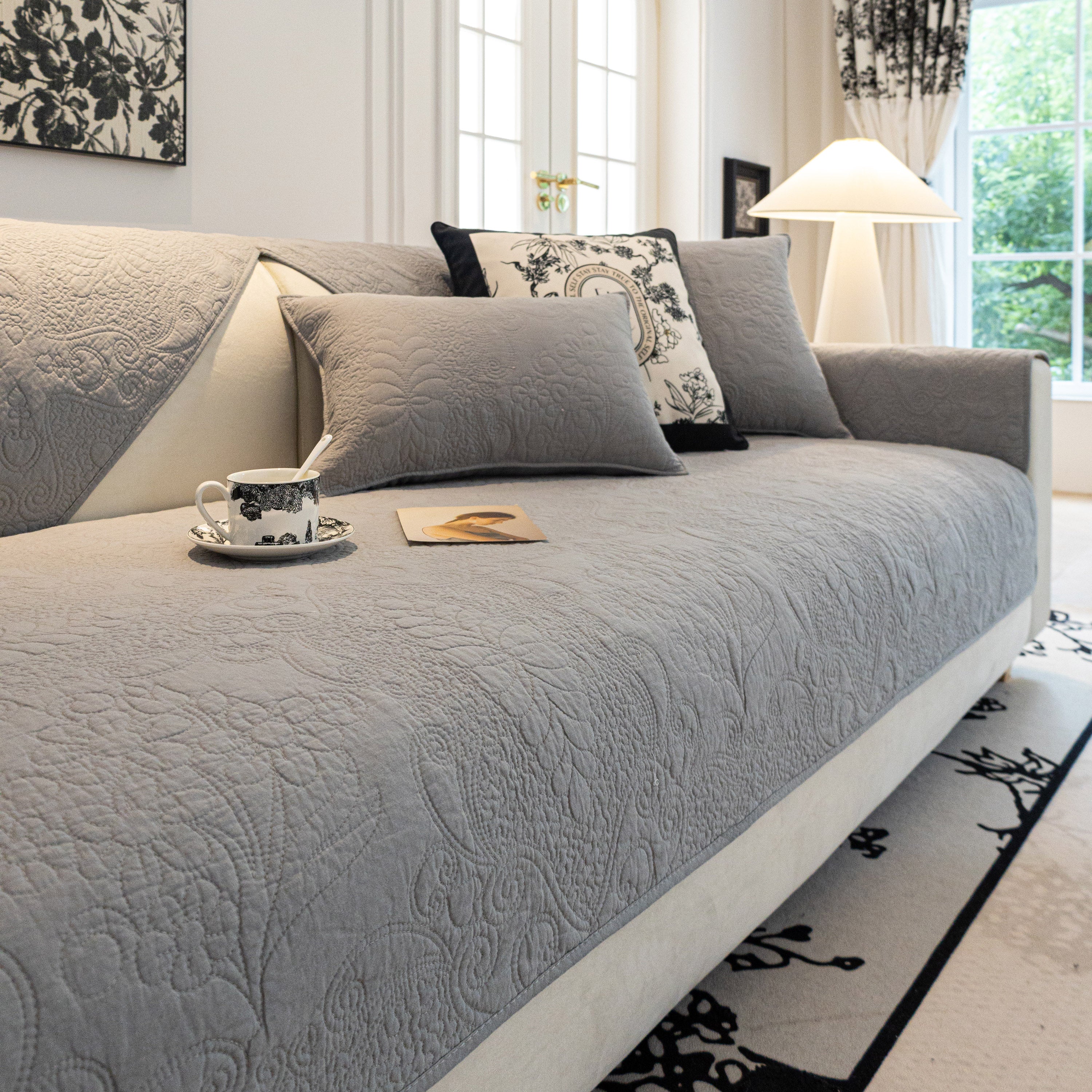 Baroque Floral Quilted Cotton Sofa Cover, Non-Slip Washable Couch Protector - Image 29