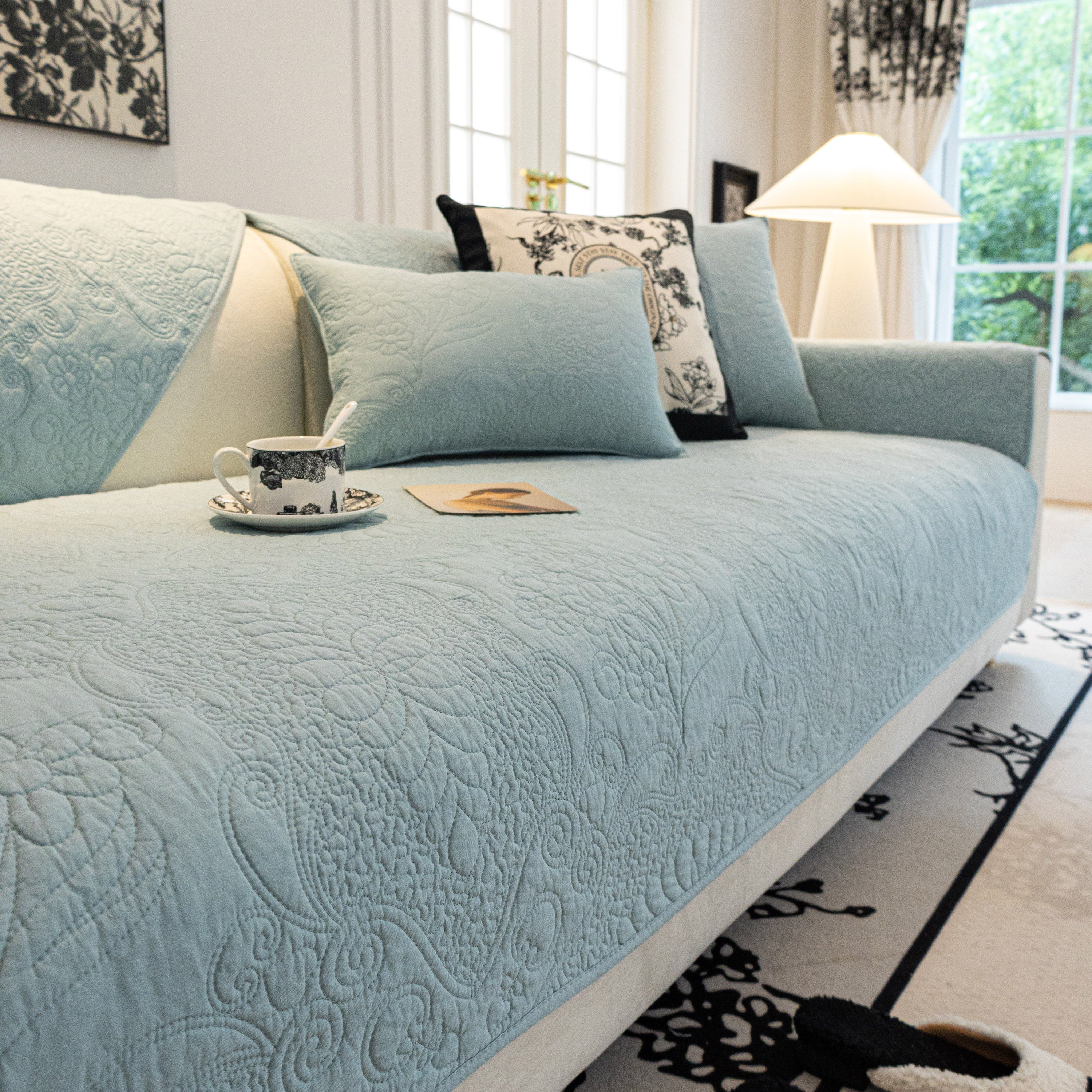 Baroque Floral Quilted Cotton Sofa Cover, Non-Slip Washable Couch Protector - Image 30