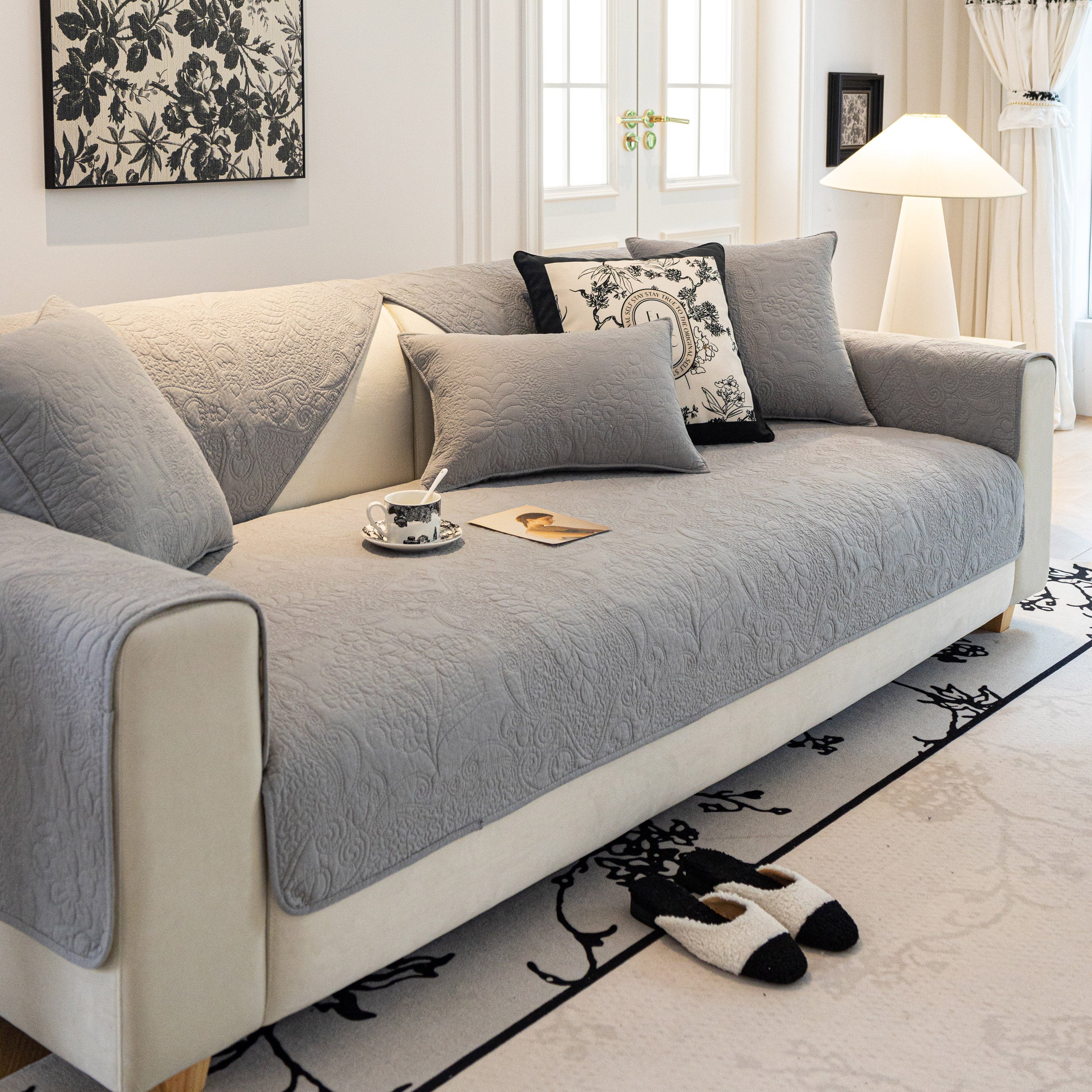 Baroque Floral Quilted Cotton Sofa Cover, Non-Slip Washable Couch Protector - Image 39