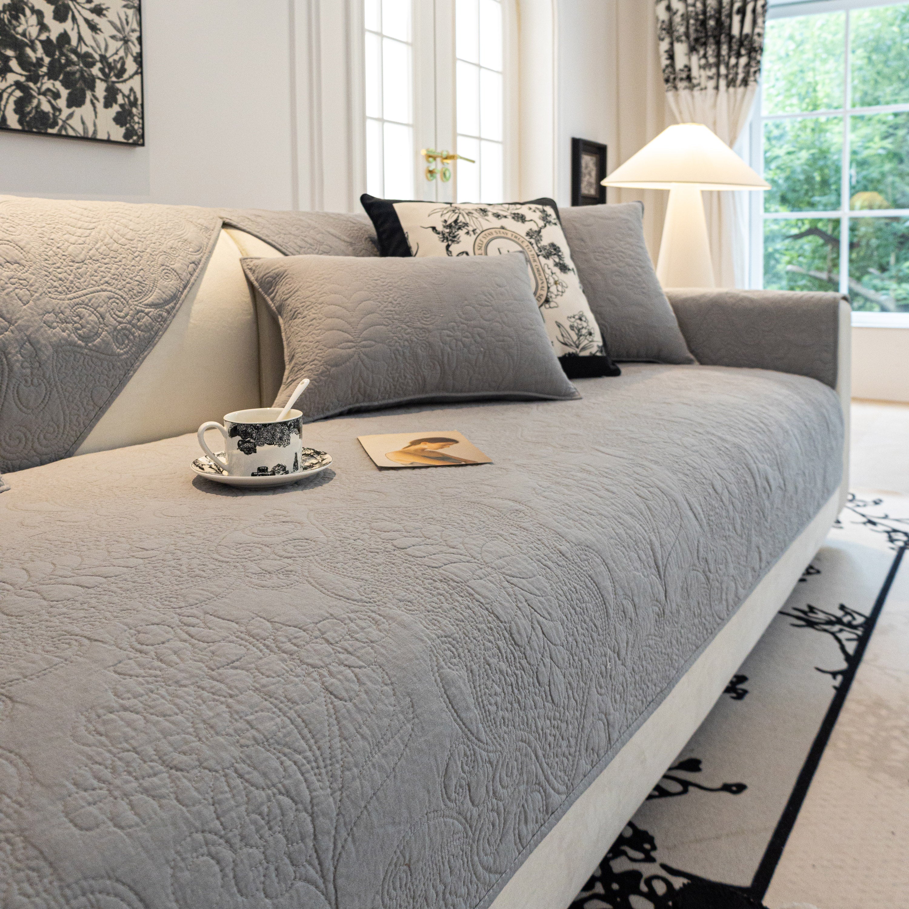 Baroque Floral Quilted Cotton Sofa Cover, Non-Slip Washable Couch Protector - Image 42