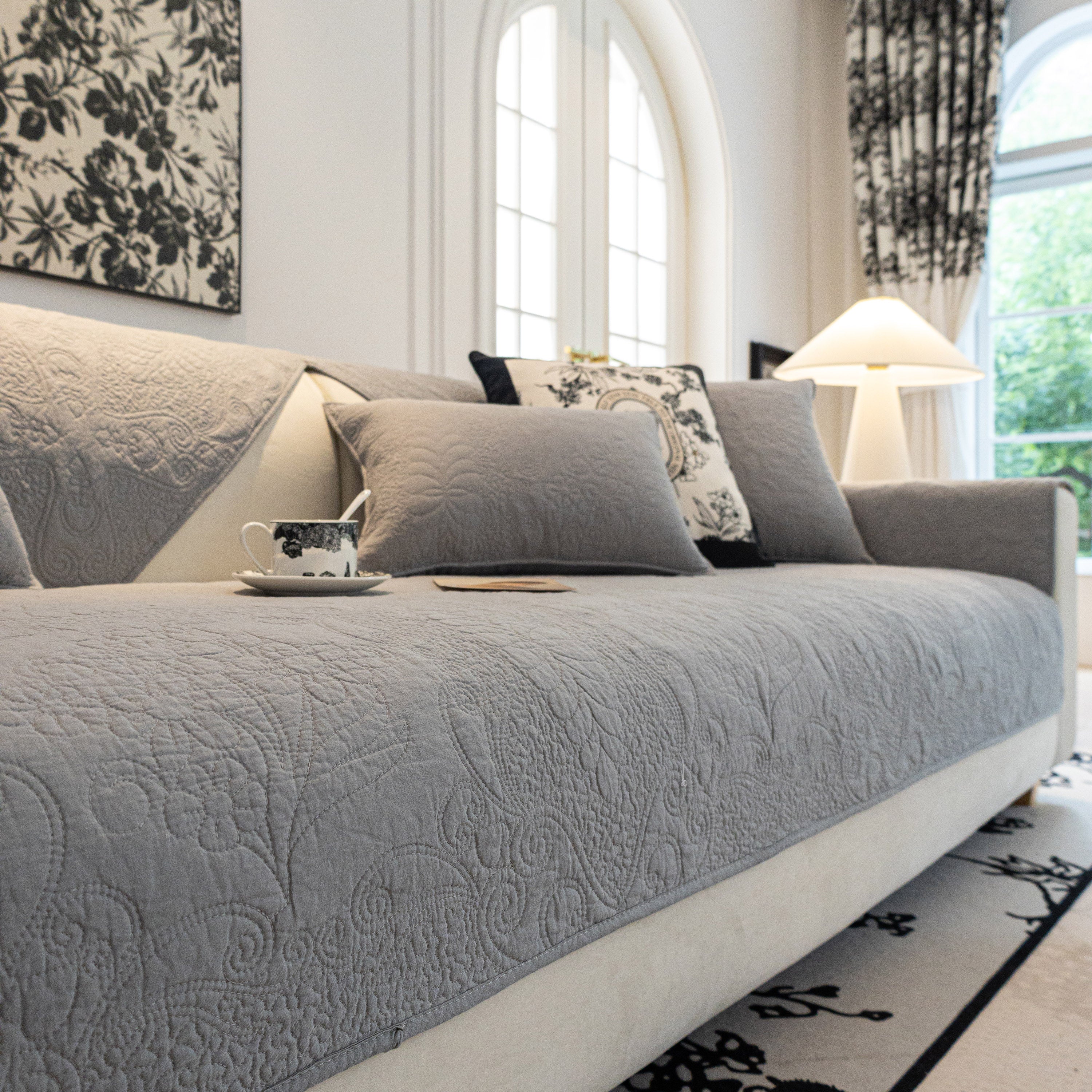 Baroque Floral Quilted Cotton Sofa Cover, Non-Slip Washable Couch Protector - Image 43