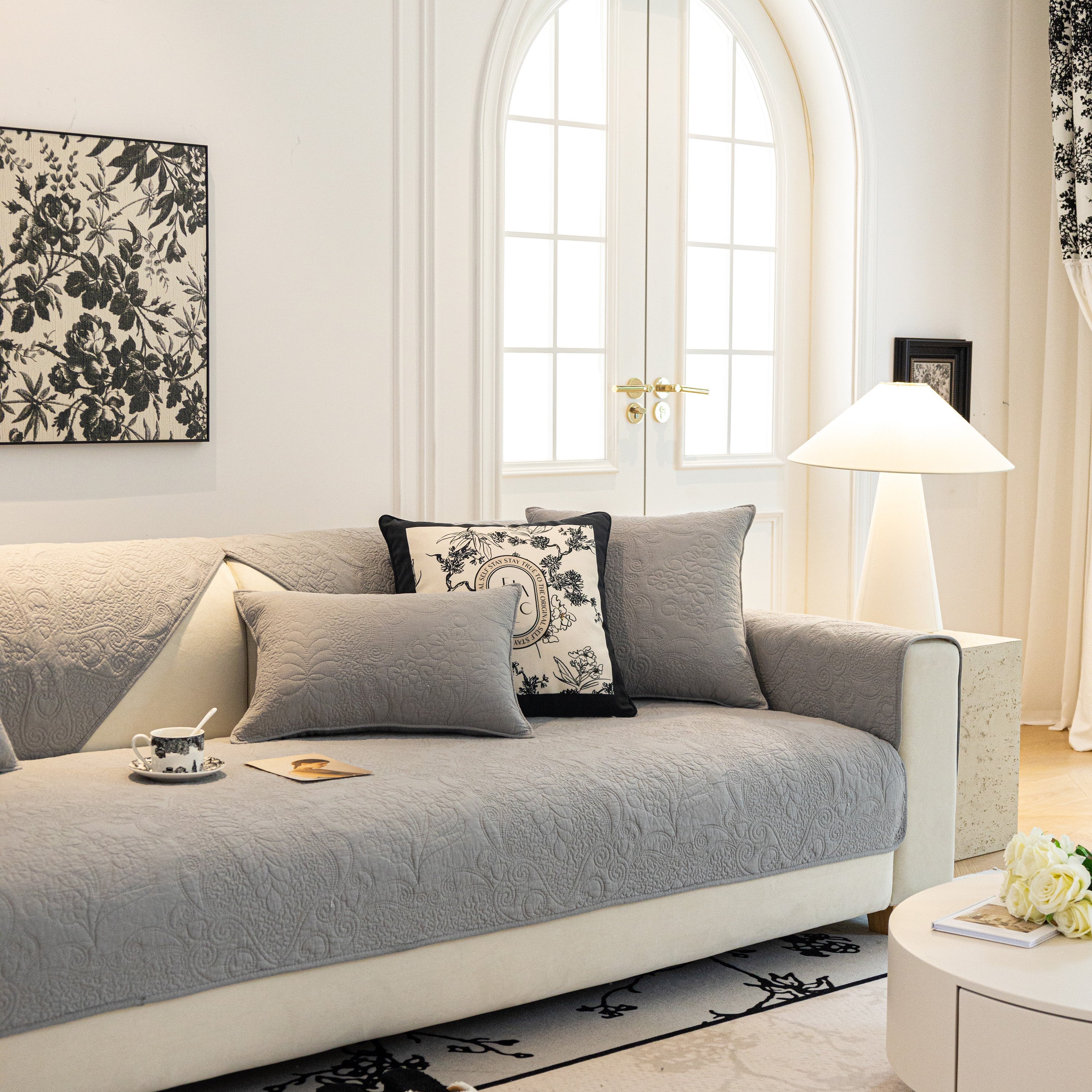 Baroque Floral Quilted Cotton Sofa Cover, Non-Slip Washable Couch Protector - Image 49