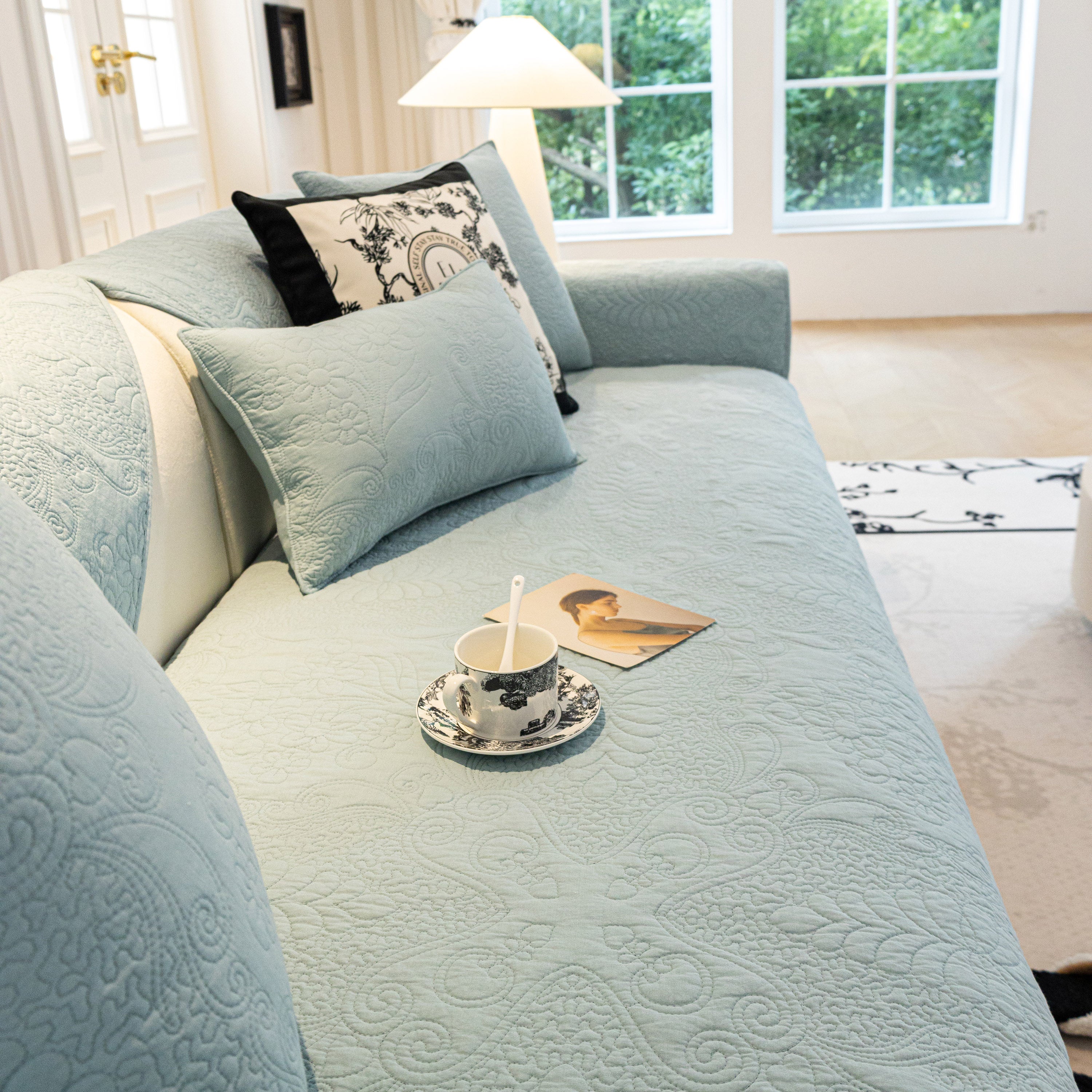 Baroque Floral Quilted Cotton Sofa Cover, Non-Slip Washable Couch Protector - Image 62