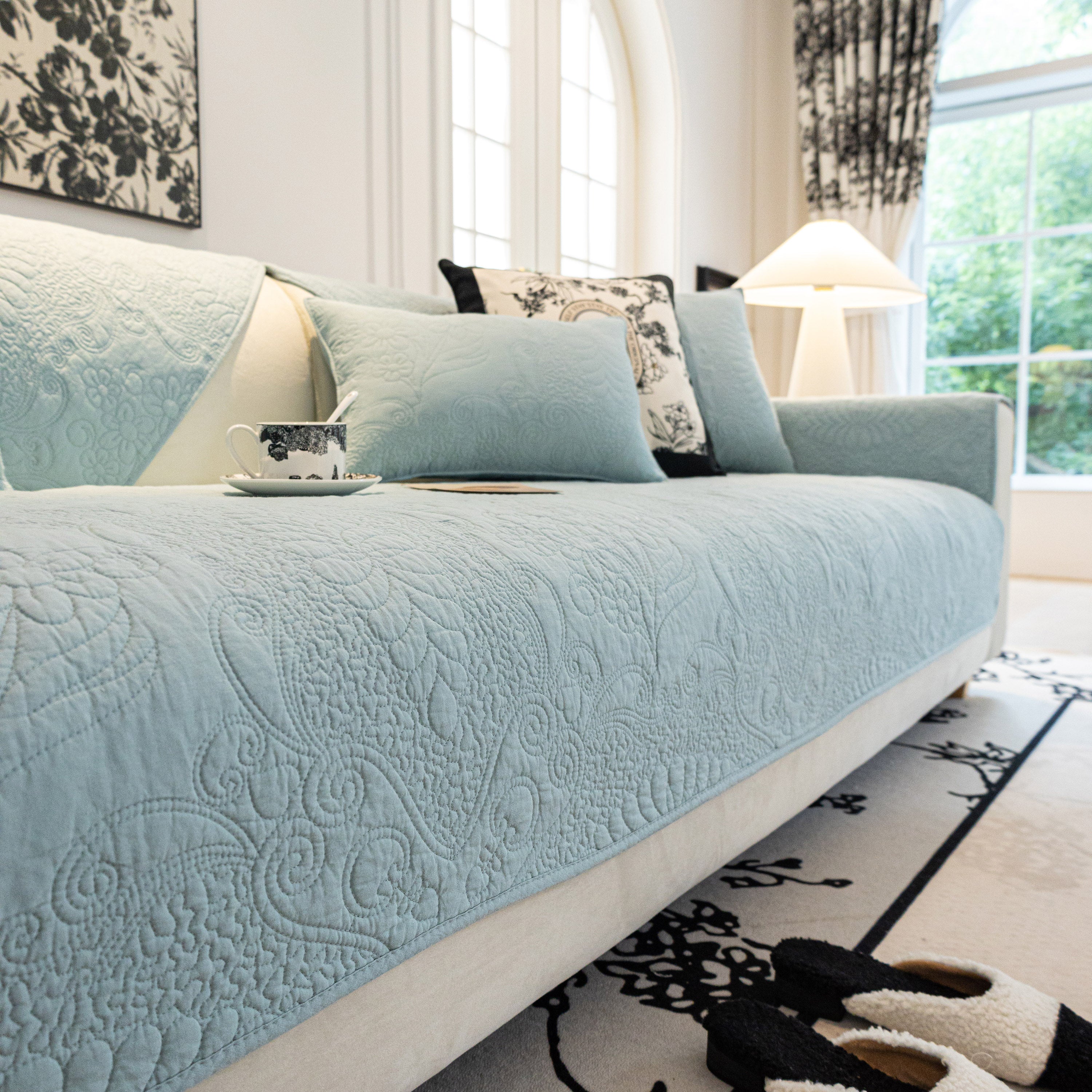 Baroque Floral Quilted Cotton Sofa Cover, Non-Slip Washable Couch Protector - Image 63