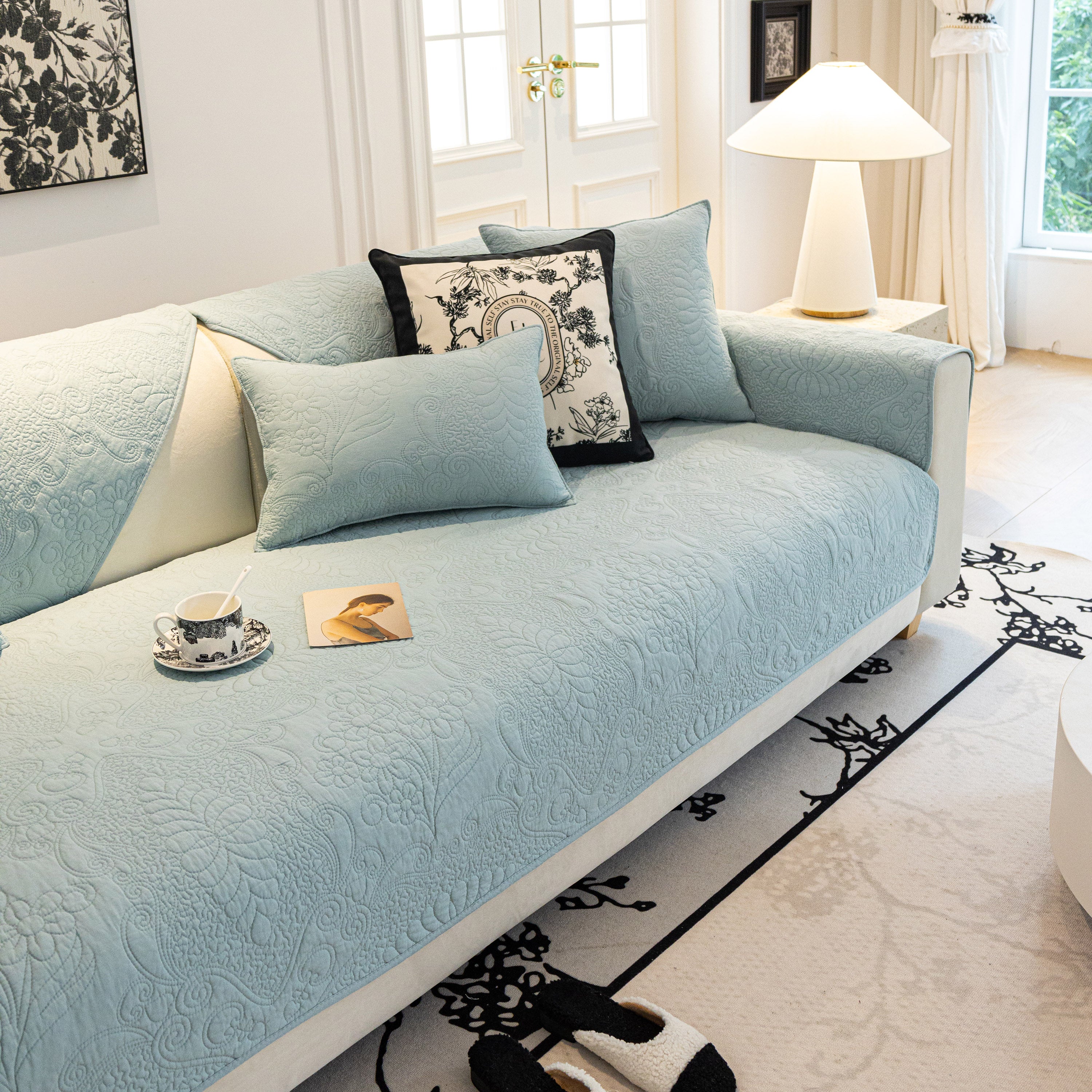 Baroque Floral Quilted Cotton Sofa Cover, Non-Slip Washable Couch Protector - Image 68