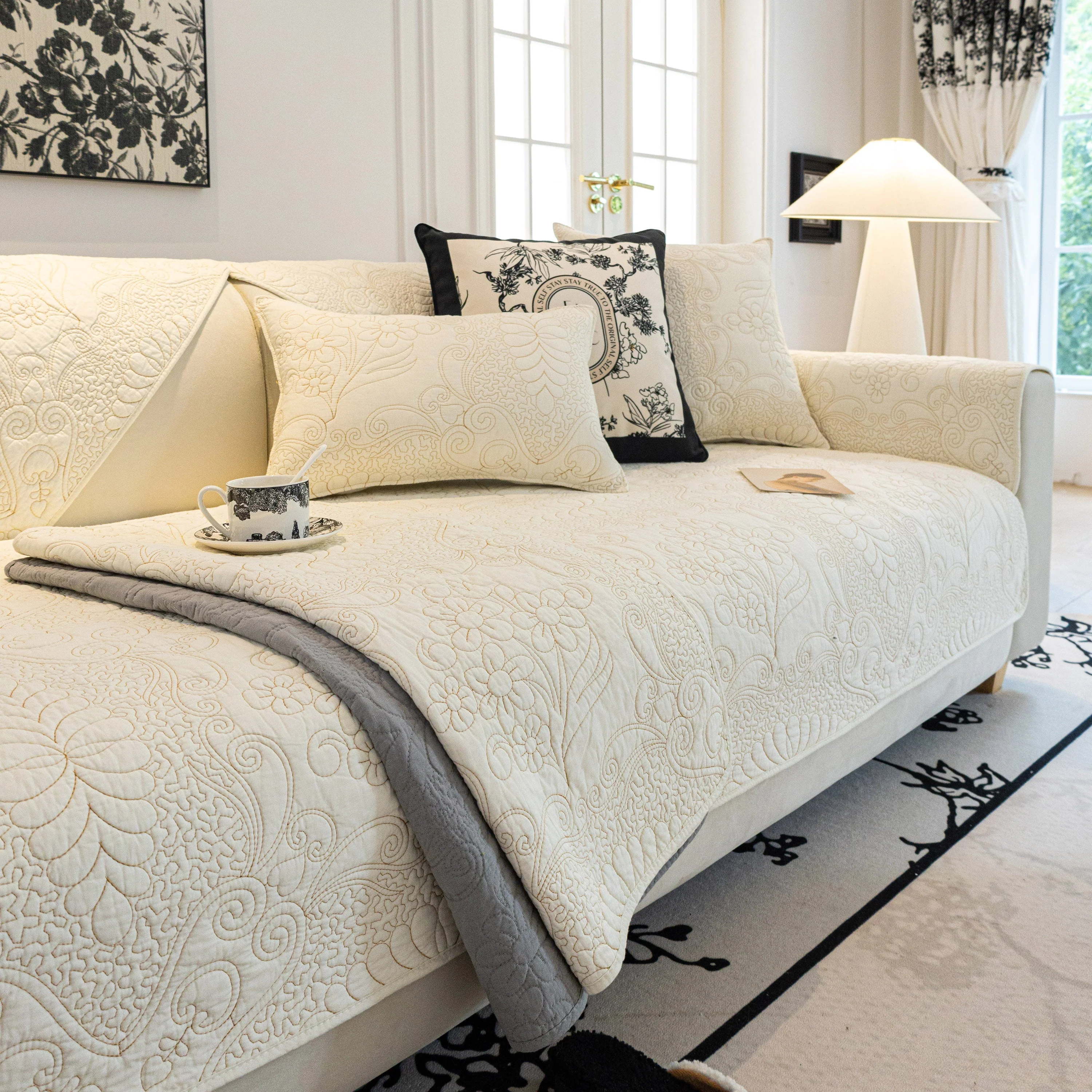 Baroque Floral Quilted Cotton Sofa Cover, Non-Slip Washable Couch Protector - Image 7