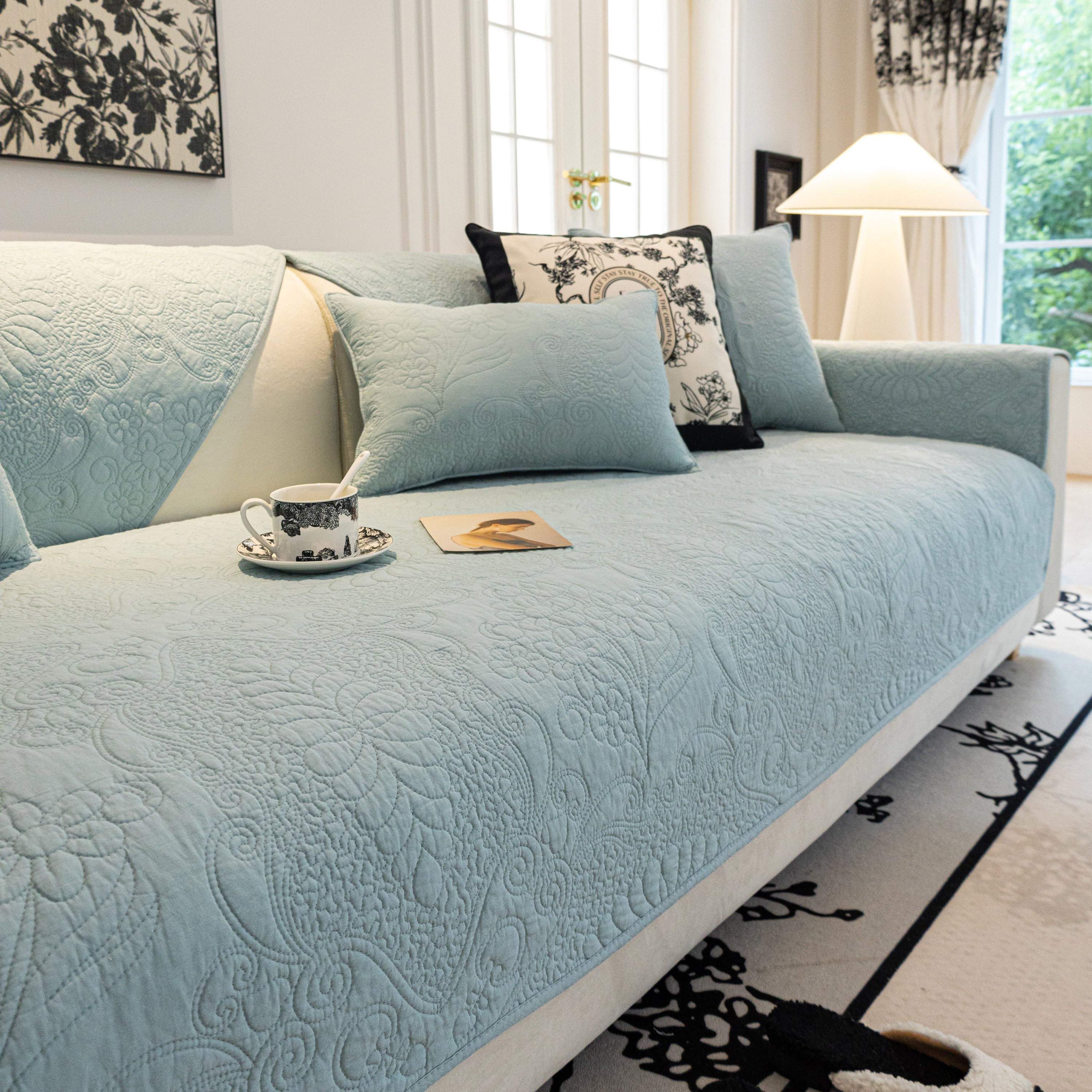 Baroque Floral Quilted Cotton Sofa Cover, Non-Slip Washable Couch Protector - Image 70