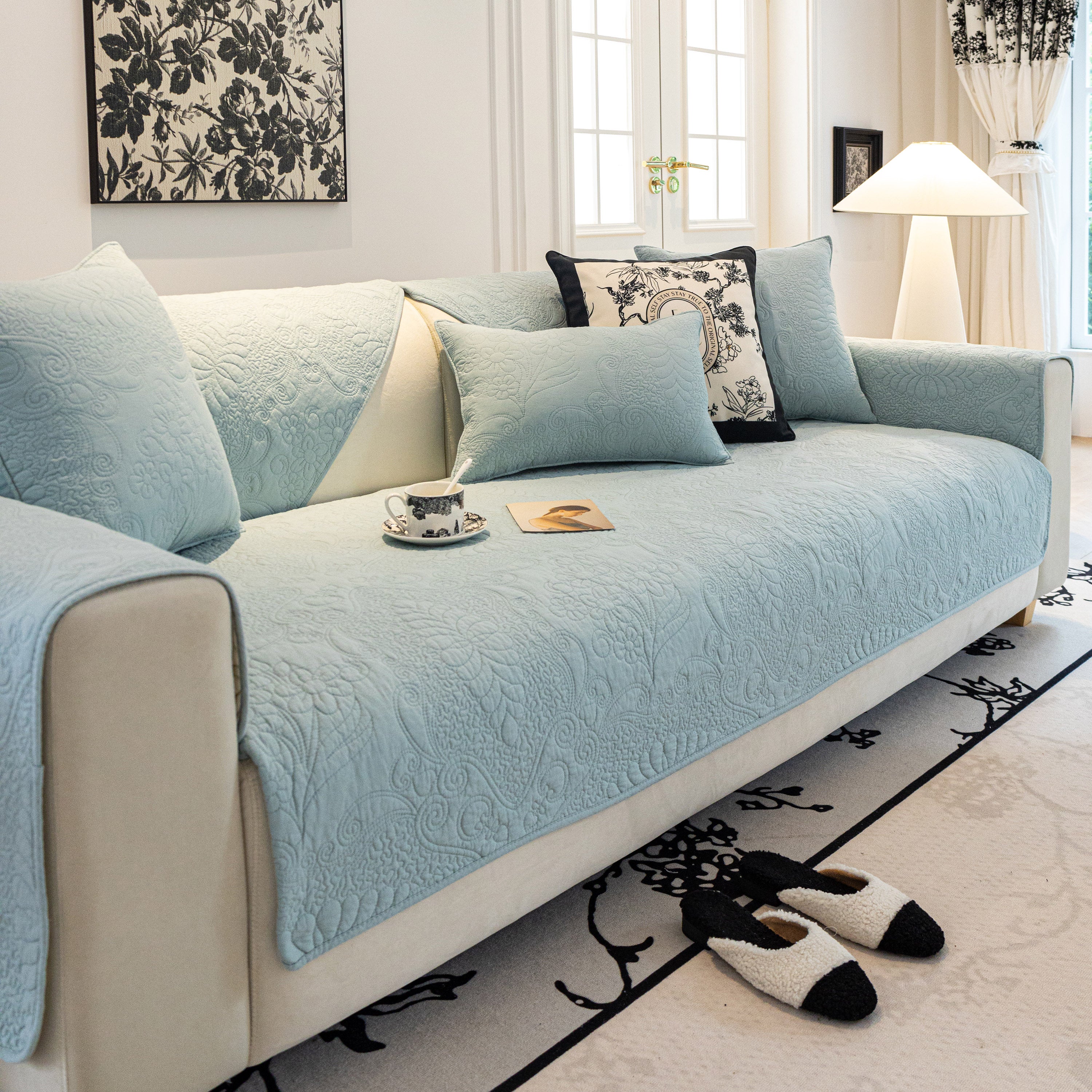 Baroque Floral Quilted Cotton Sofa Cover, Non-Slip Washable Couch Protector - Image 71