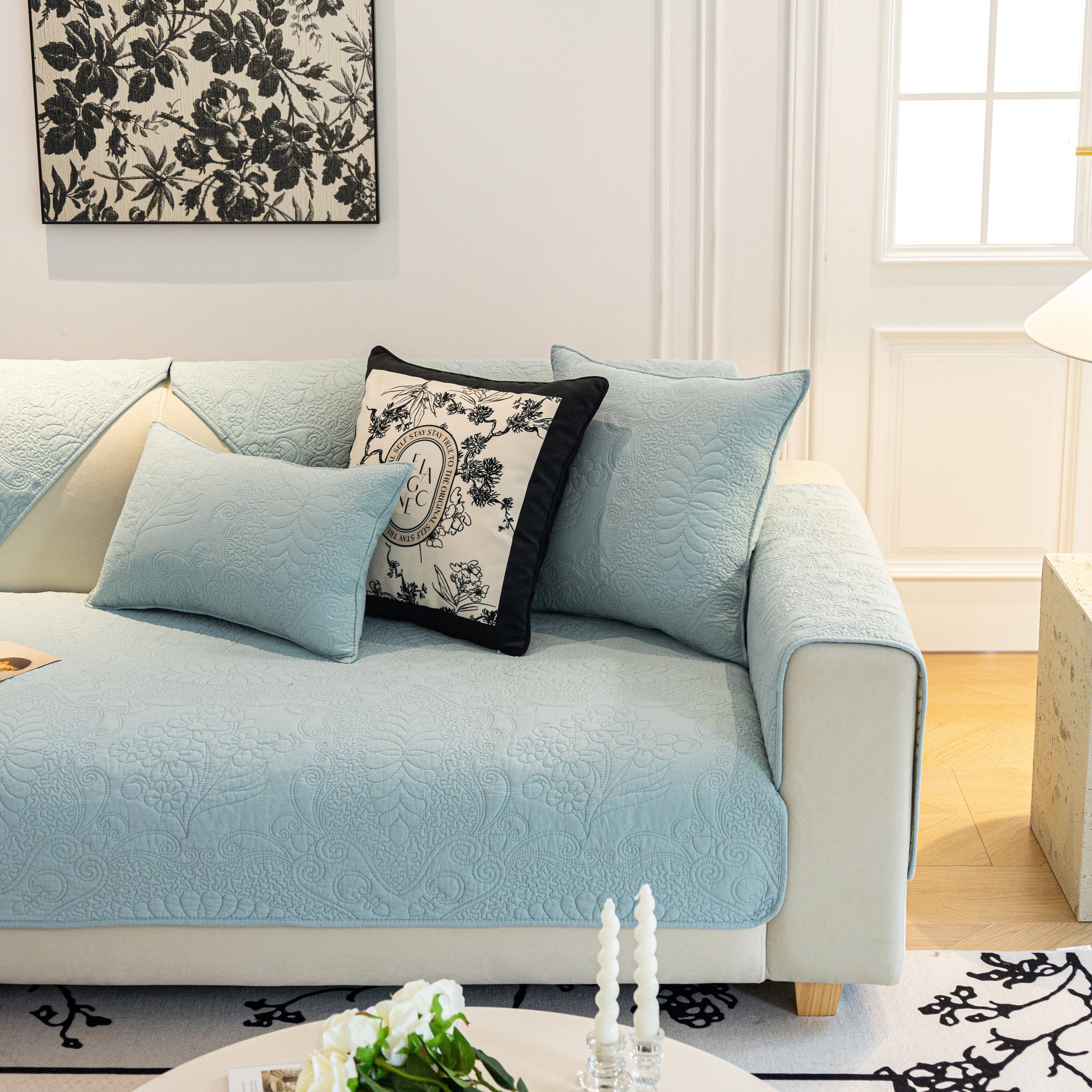 Baroque Floral Quilted Cotton Sofa Cover, Non-Slip Washable Couch Protector - Image 75