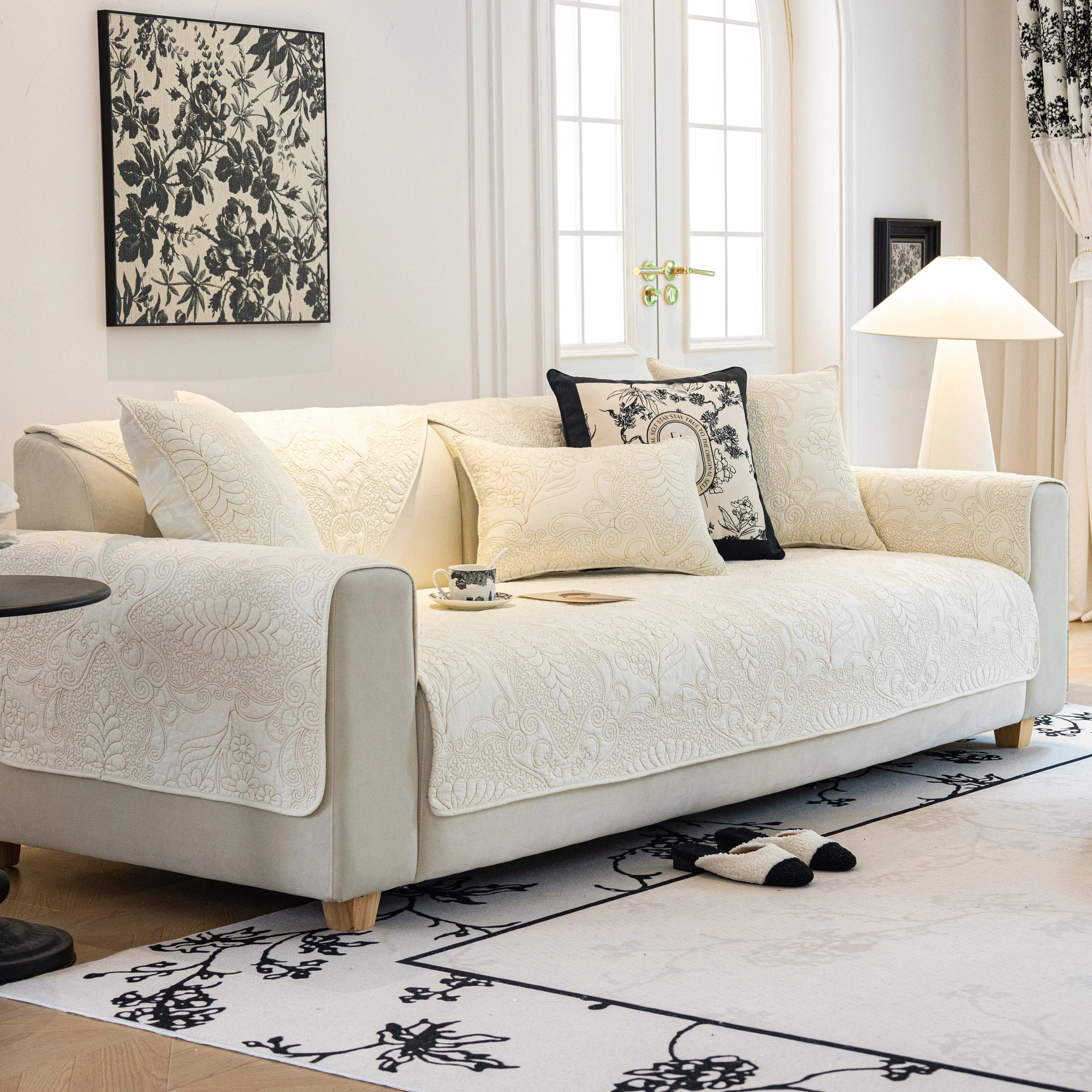 Baroque Floral Quilted Cotton Sofa Cover, Non-Slip Washable Couch Protector - Image 8