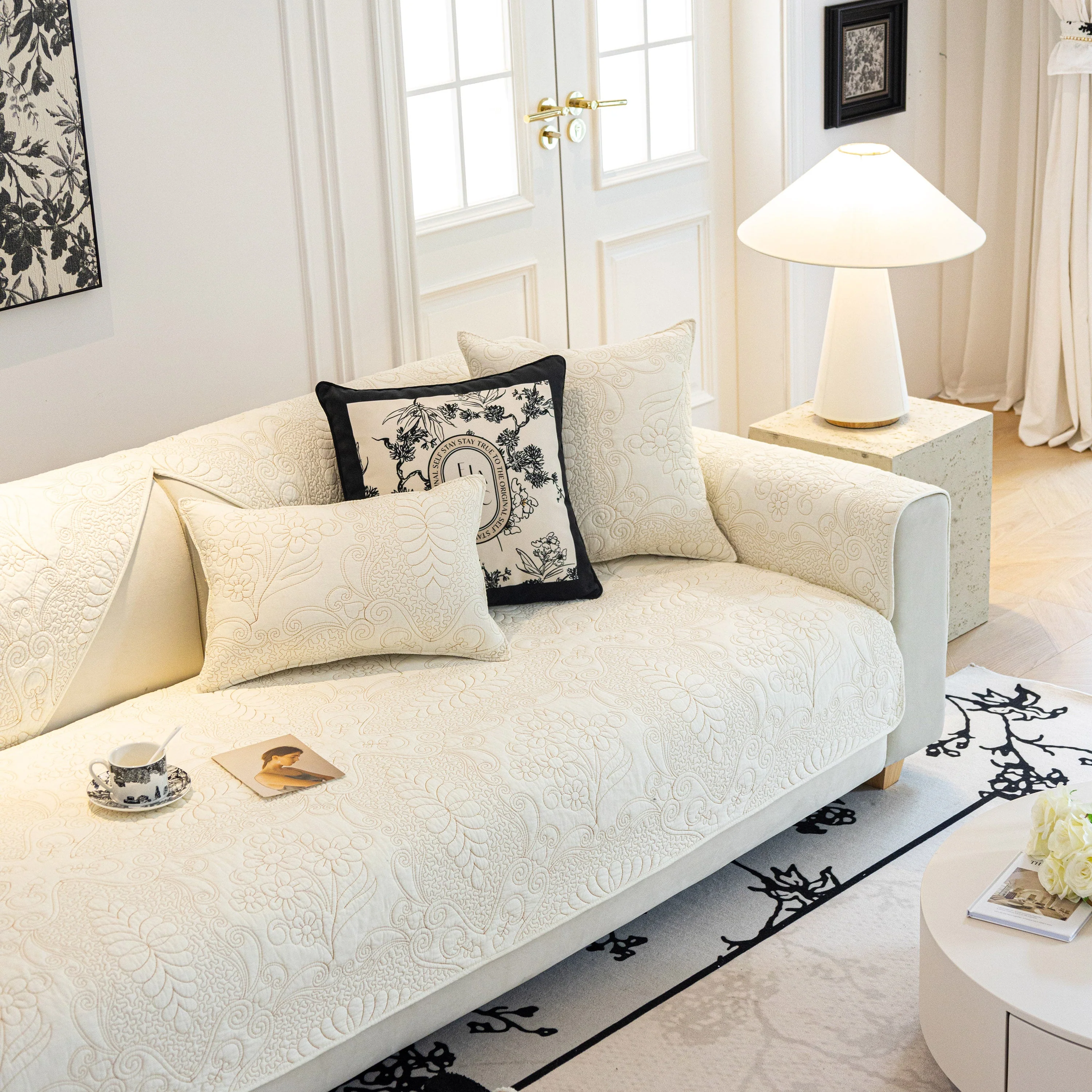 Baroque Floral Quilted Cotton Sofa Cover, Non-Slip Washable Couch Protector - Image 9