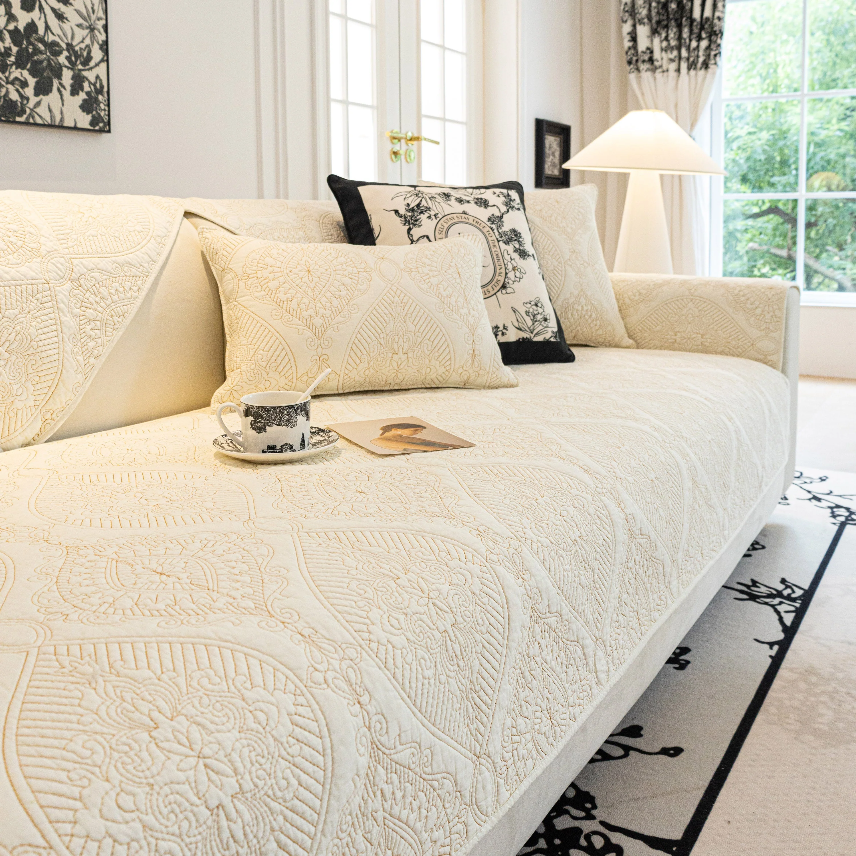 Baroque Sofa Cover – Quilted Cotton, Non-Slip, Washable with Ornate Embroidery - Image 10