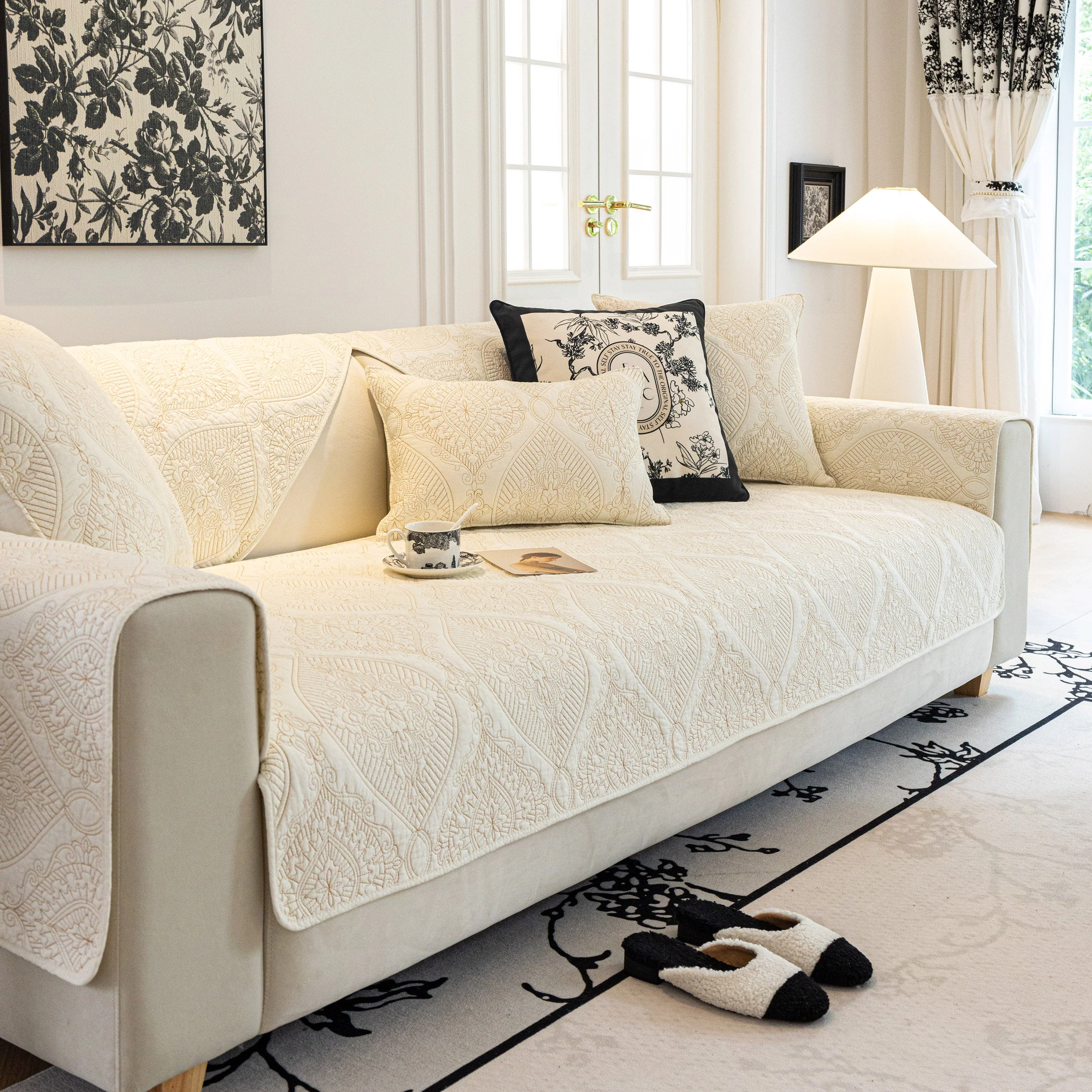 Baroque Sofa Cover – Quilted Cotton, Non-Slip, Washable with Ornate Embroidery - Image 12