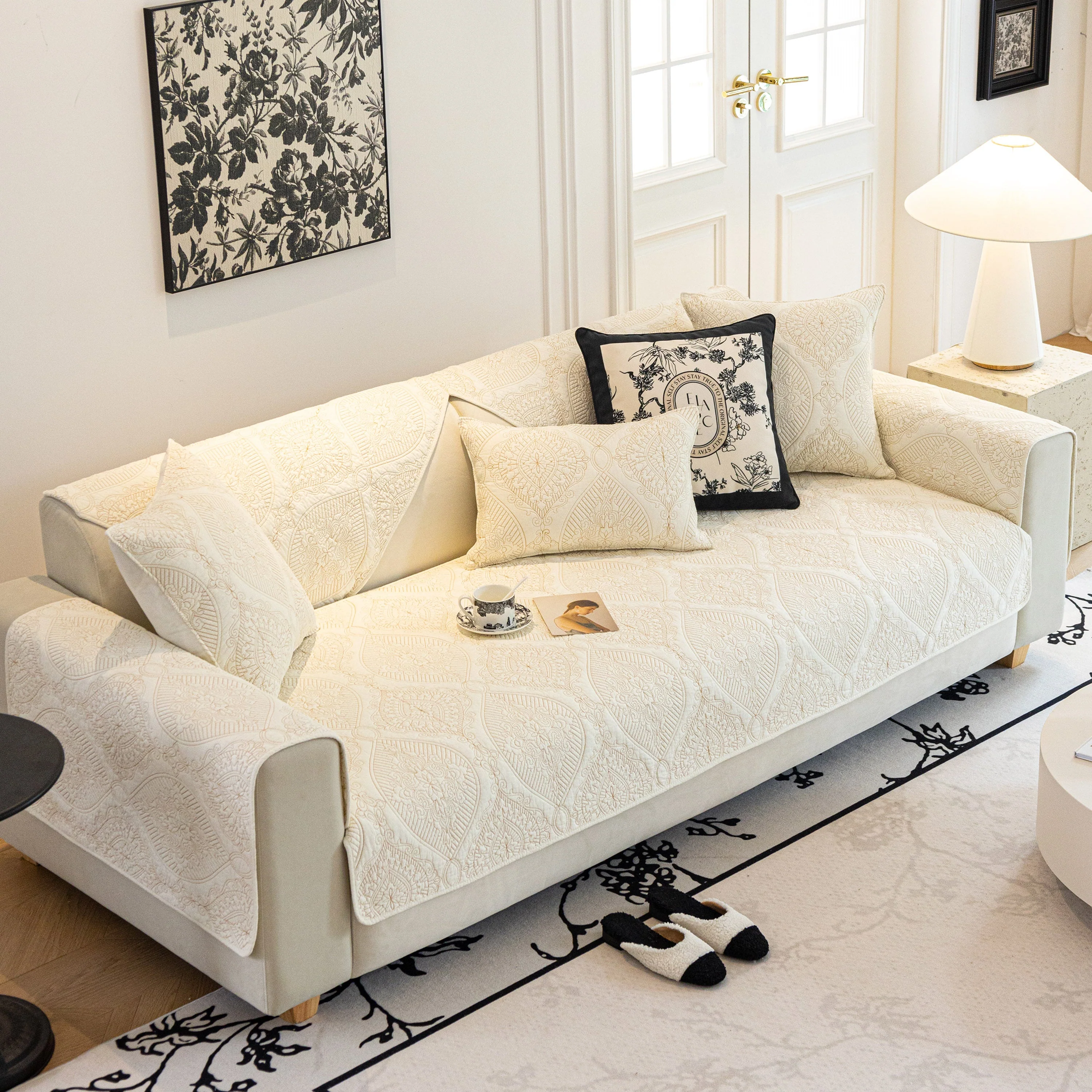 Baroque Sofa Cover – Quilted Cotton, Non-Slip, Washable with Ornate Embroidery - Image 2