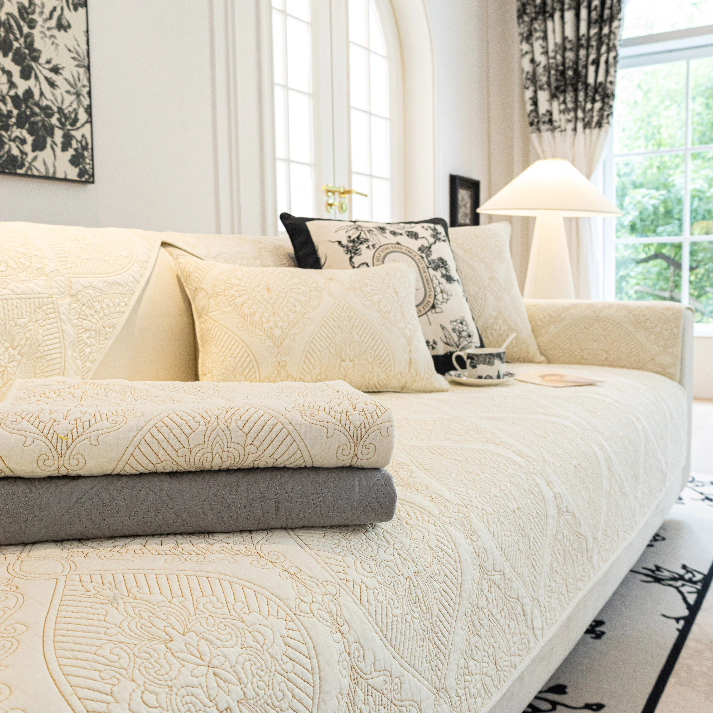 Baroque Sofa Cover – Quilted Cotton, Non-Slip, Washable with Ornate Embroidery - Image 20