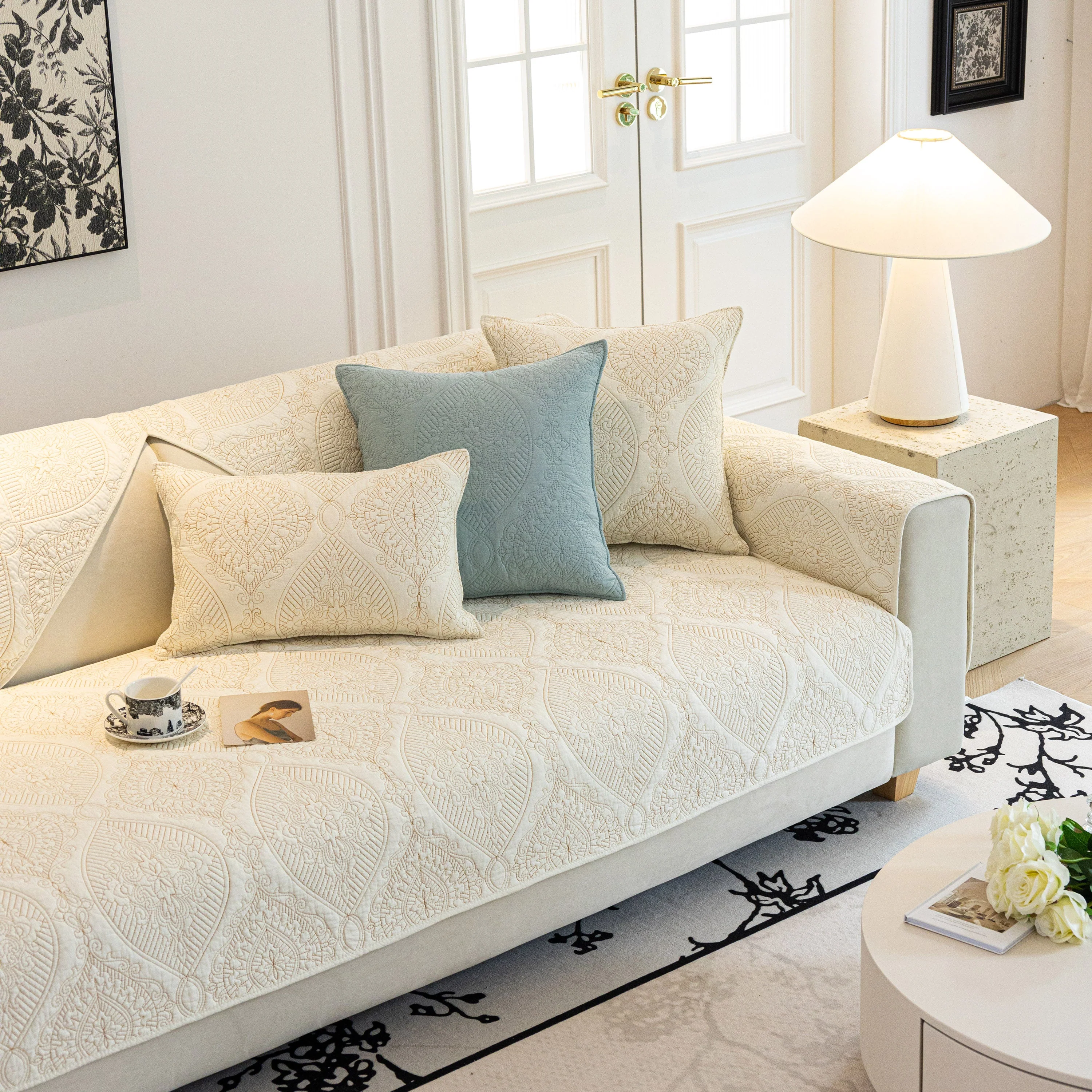Baroque Sofa Cover – Quilted Cotton, Non-Slip, Washable with Ornate Embroidery - Image 22