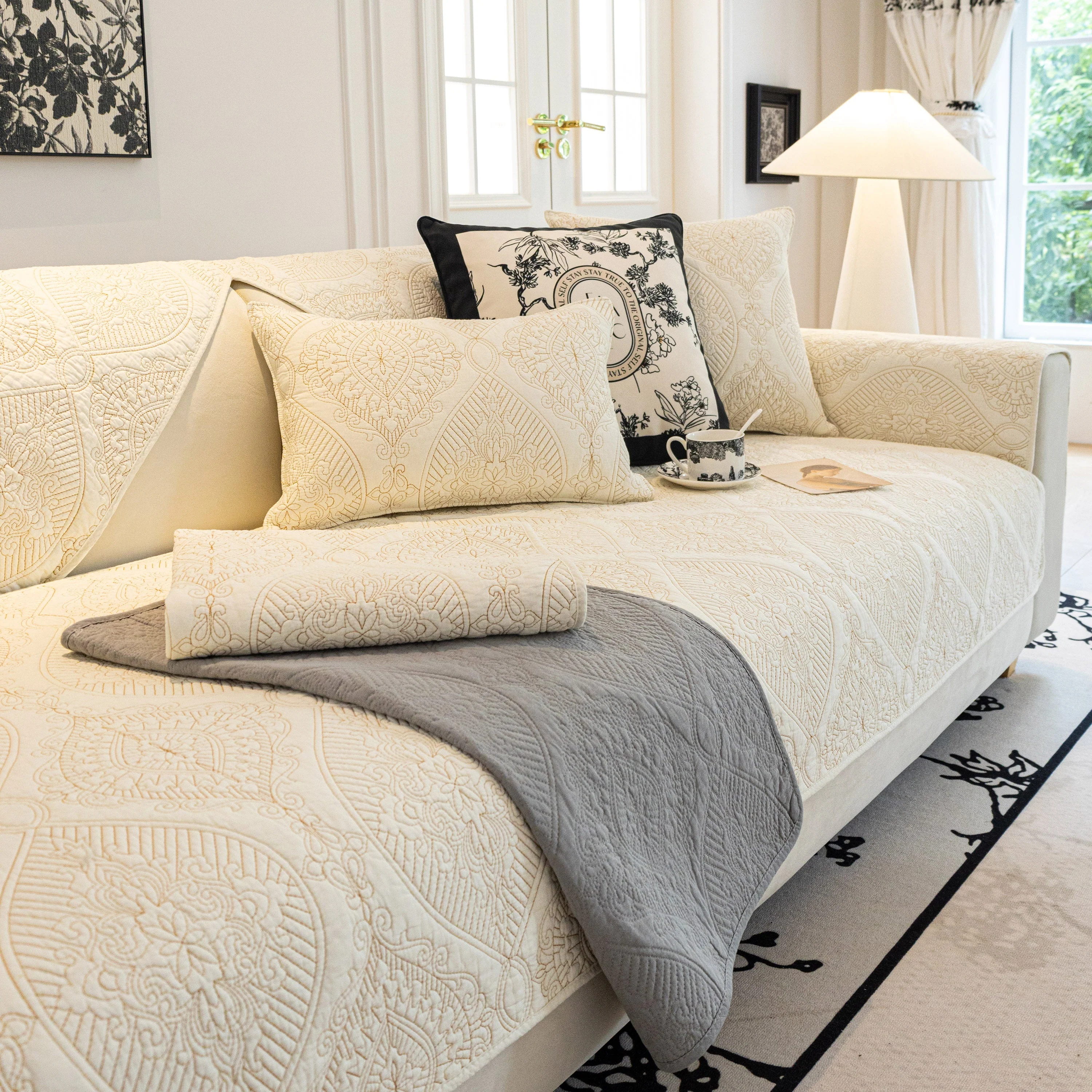 Baroque Sofa Cover – Quilted Cotton, Non-Slip, Washable with Ornate Embroidery - Image 23