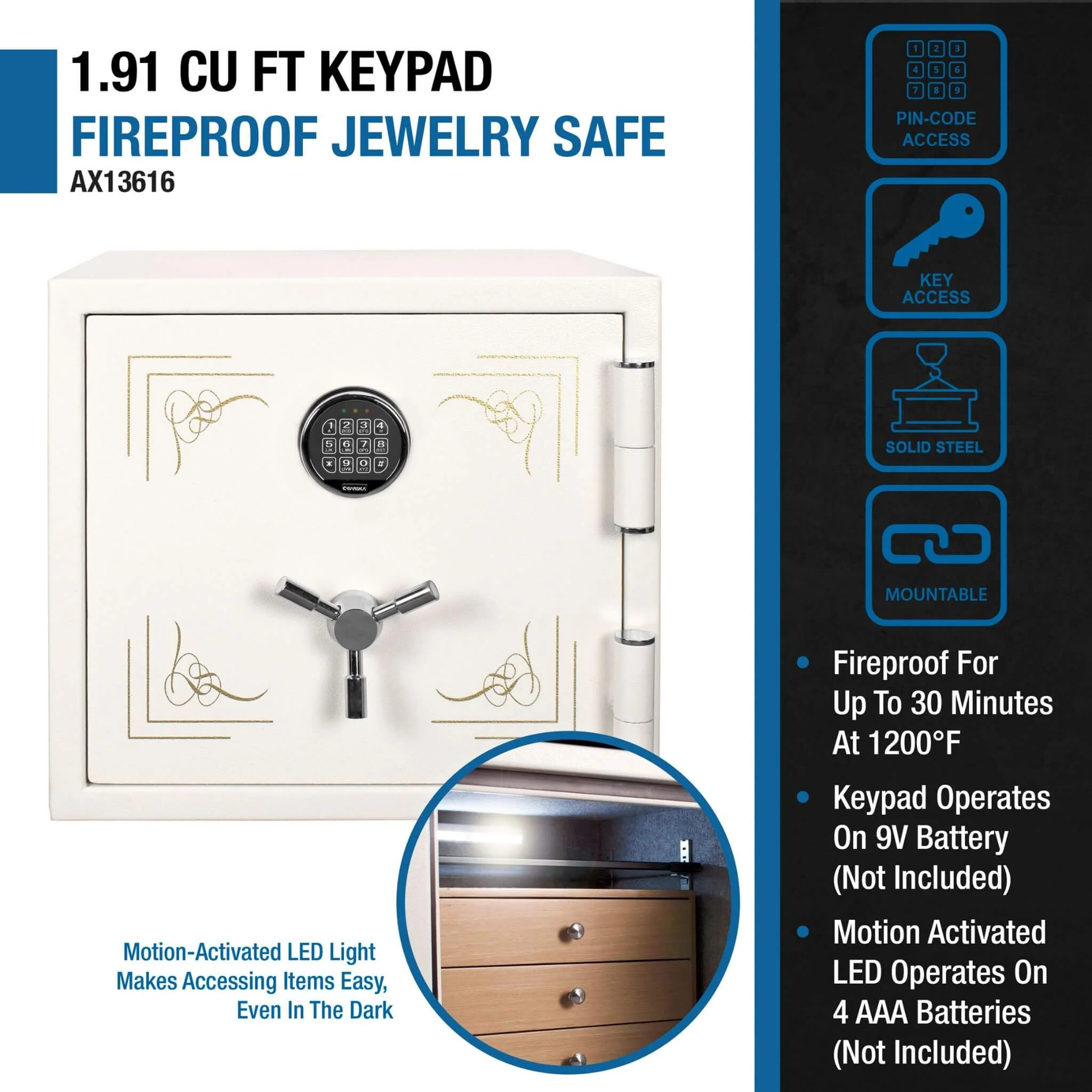 Barska 1.91 CF White Fireproof Jewelry Safe With Digital Keypad Lock (SAK42861) - Image 10