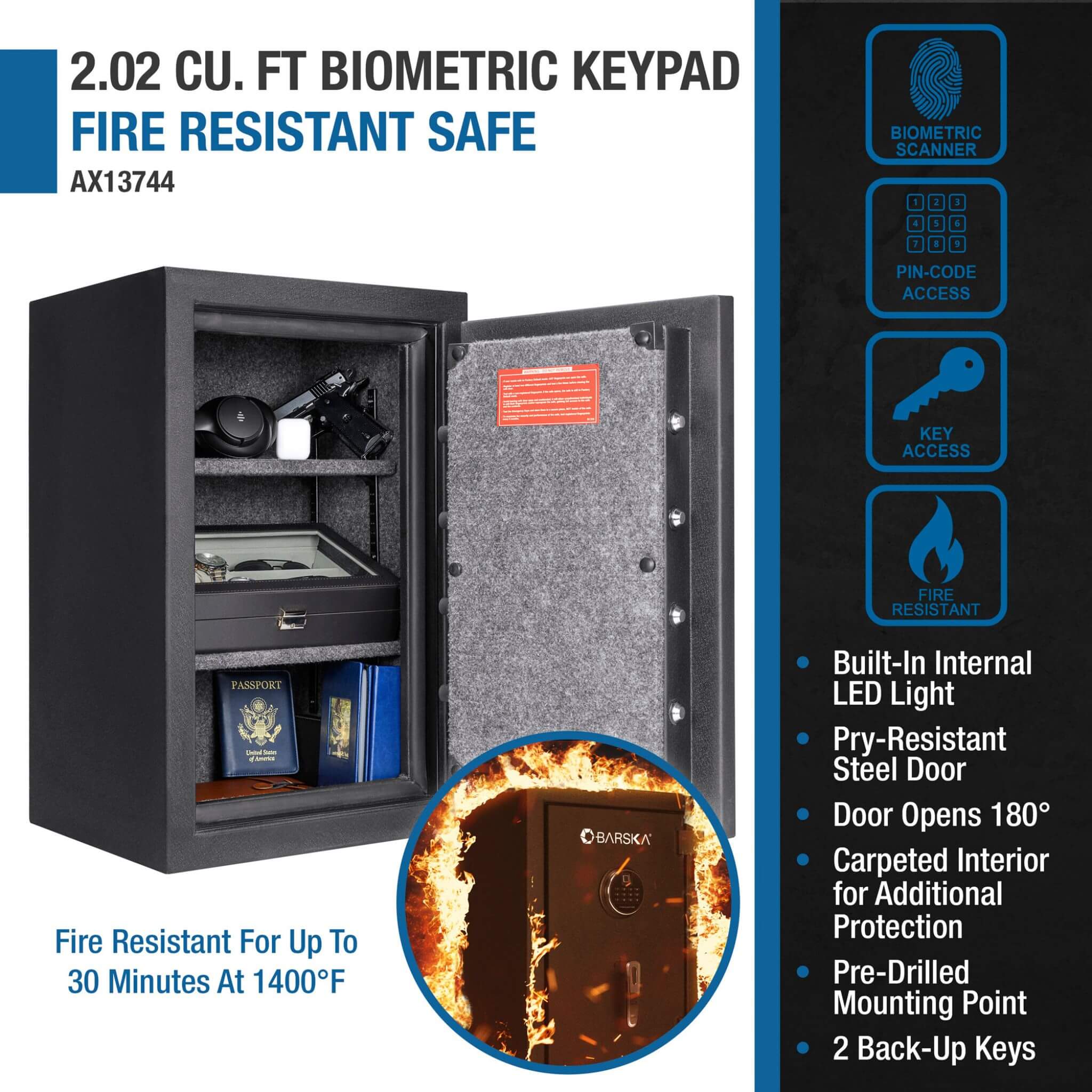 Barska 2.02 CF Heavy-Duty Fire Resistant Safe With Biometric Keypad (SAK29487) - Image 6