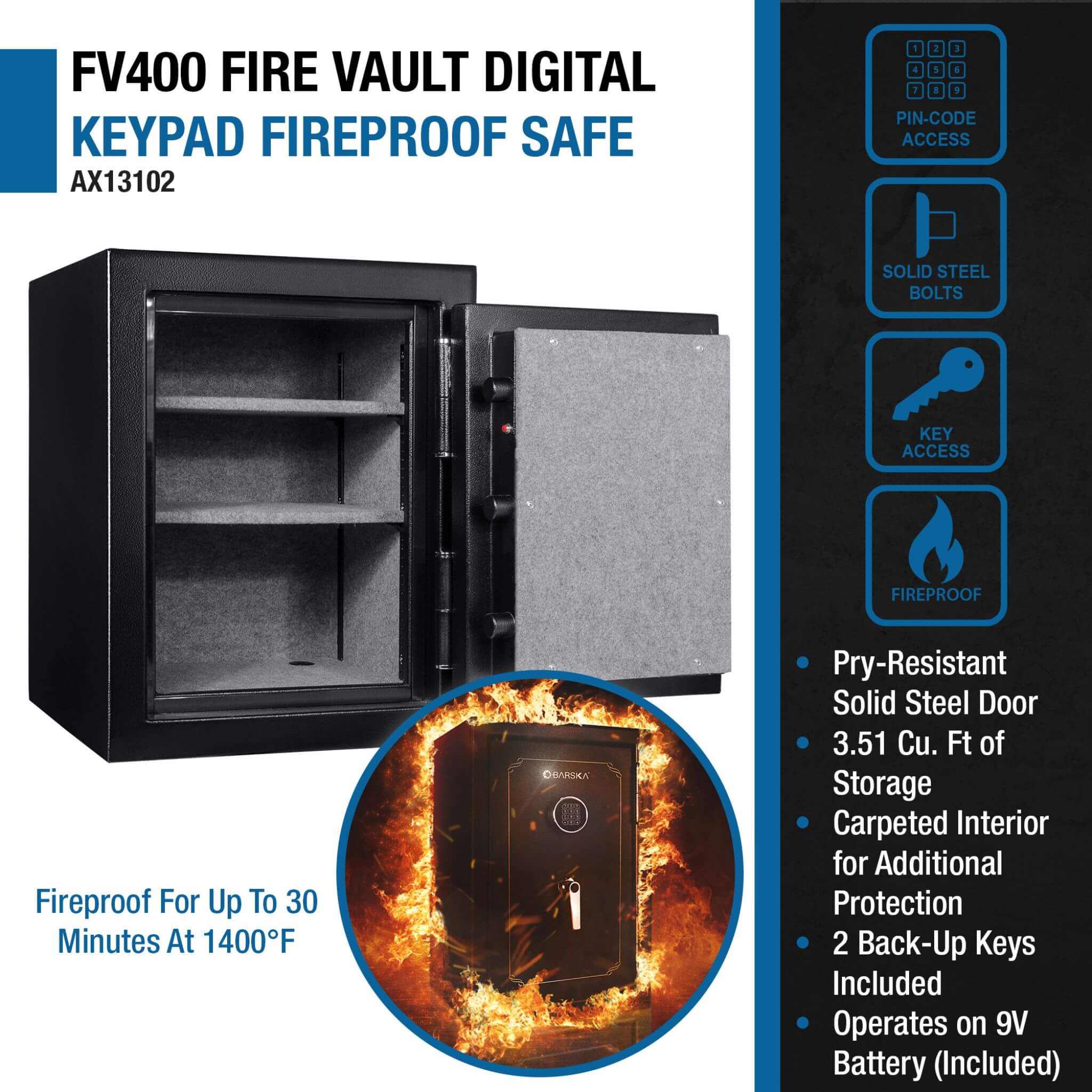 Barska 3.51 CF Heavy-Duty Steel Fireproof Safe Vault With Electronic Lock (SAK85021) - Image 7