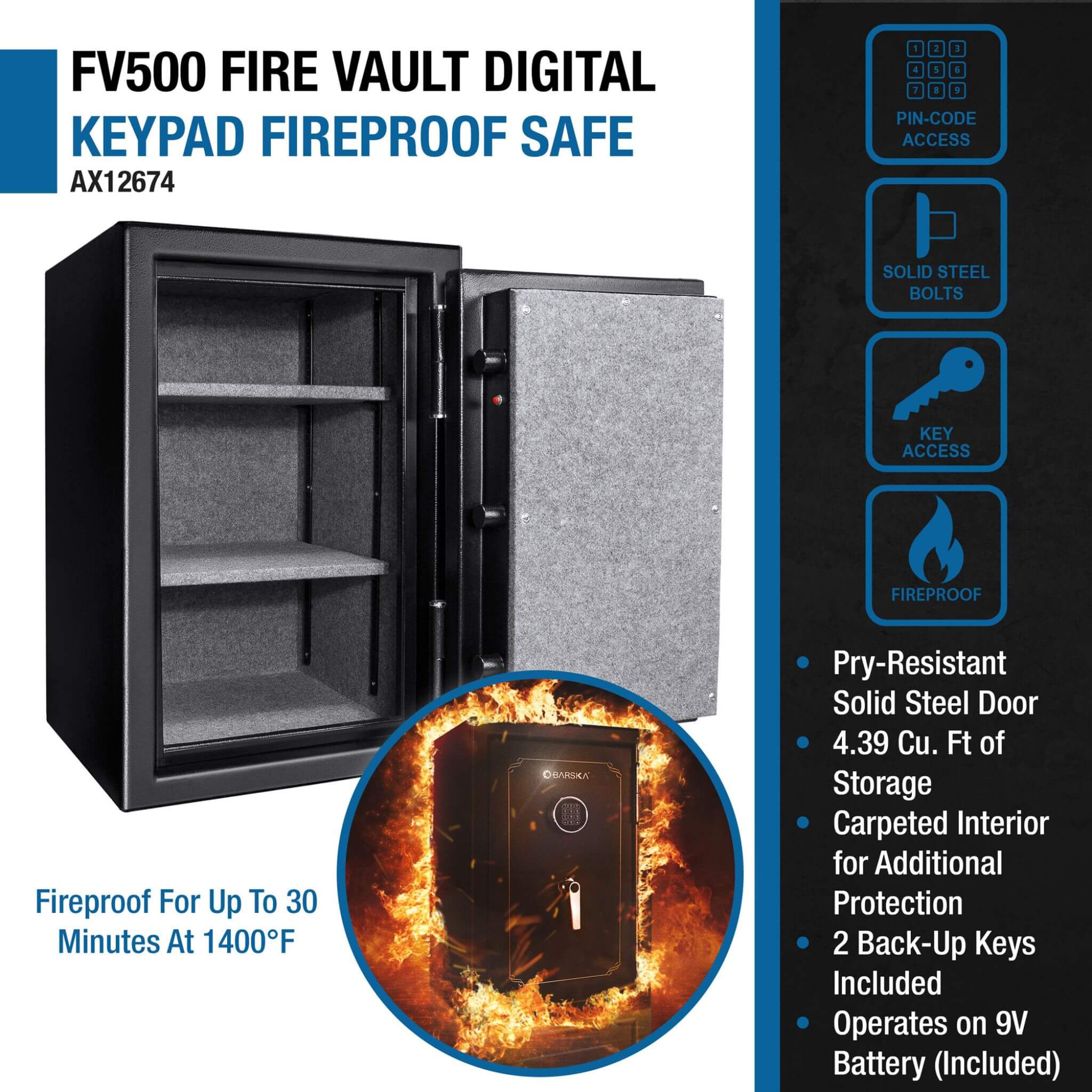 Barska 4.39 CF Heavy-Duty Steel Fireproof Safe Vault With Digital Keypad (SAK51786) - Image 8