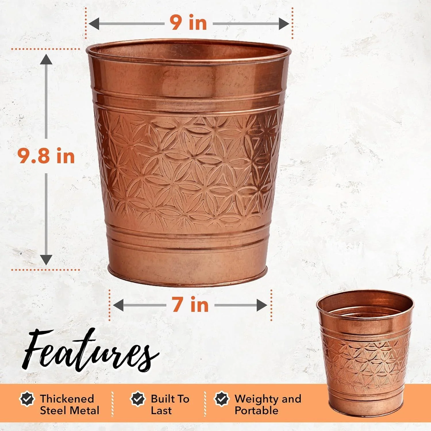 Bathroom Bedroom Metal Trash Can Waste Basket in Copper Finish - Image 5