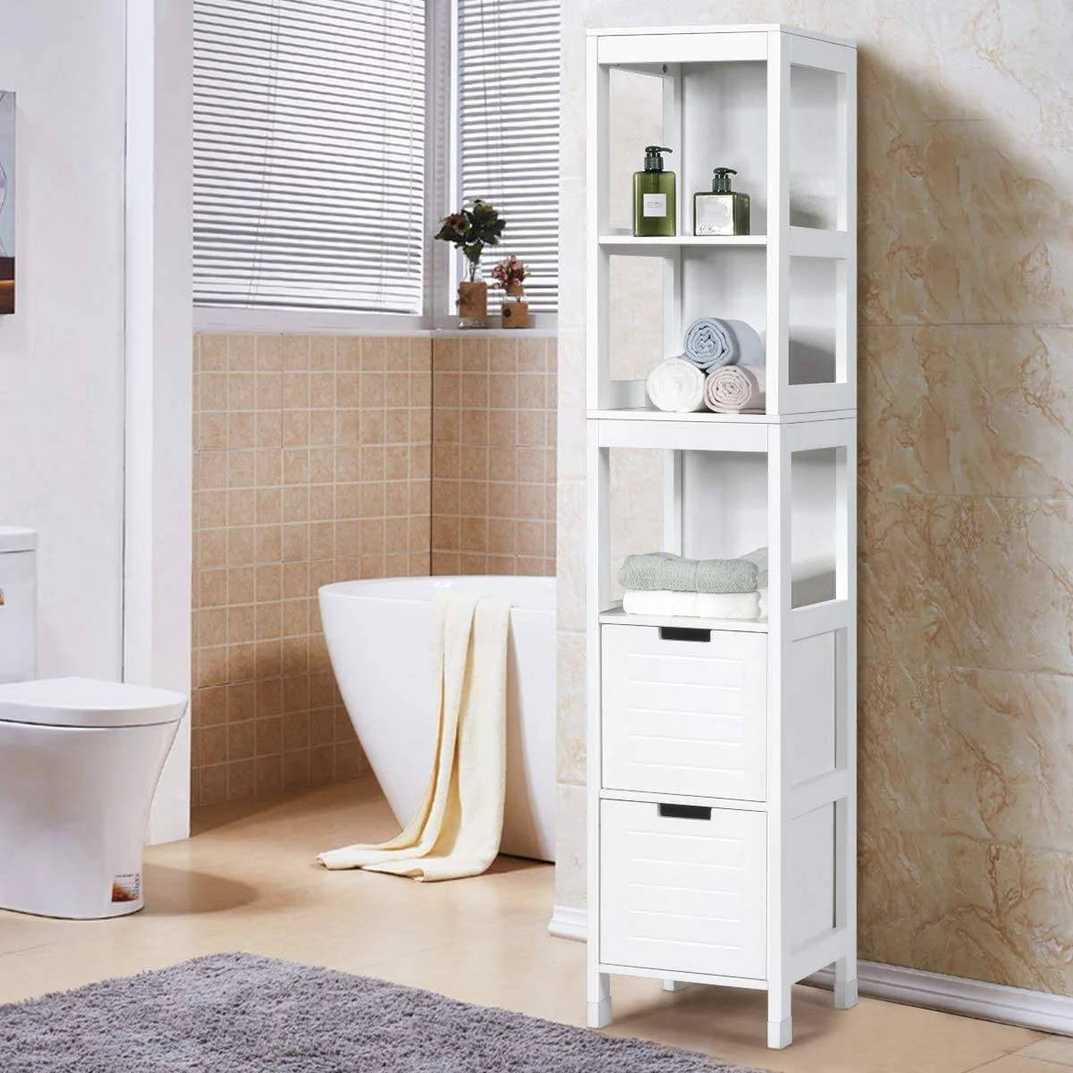 Bathroom Cabinet Tower with 2 Storage Drawers and 3 Shelves in White Wood Finish - Image 2