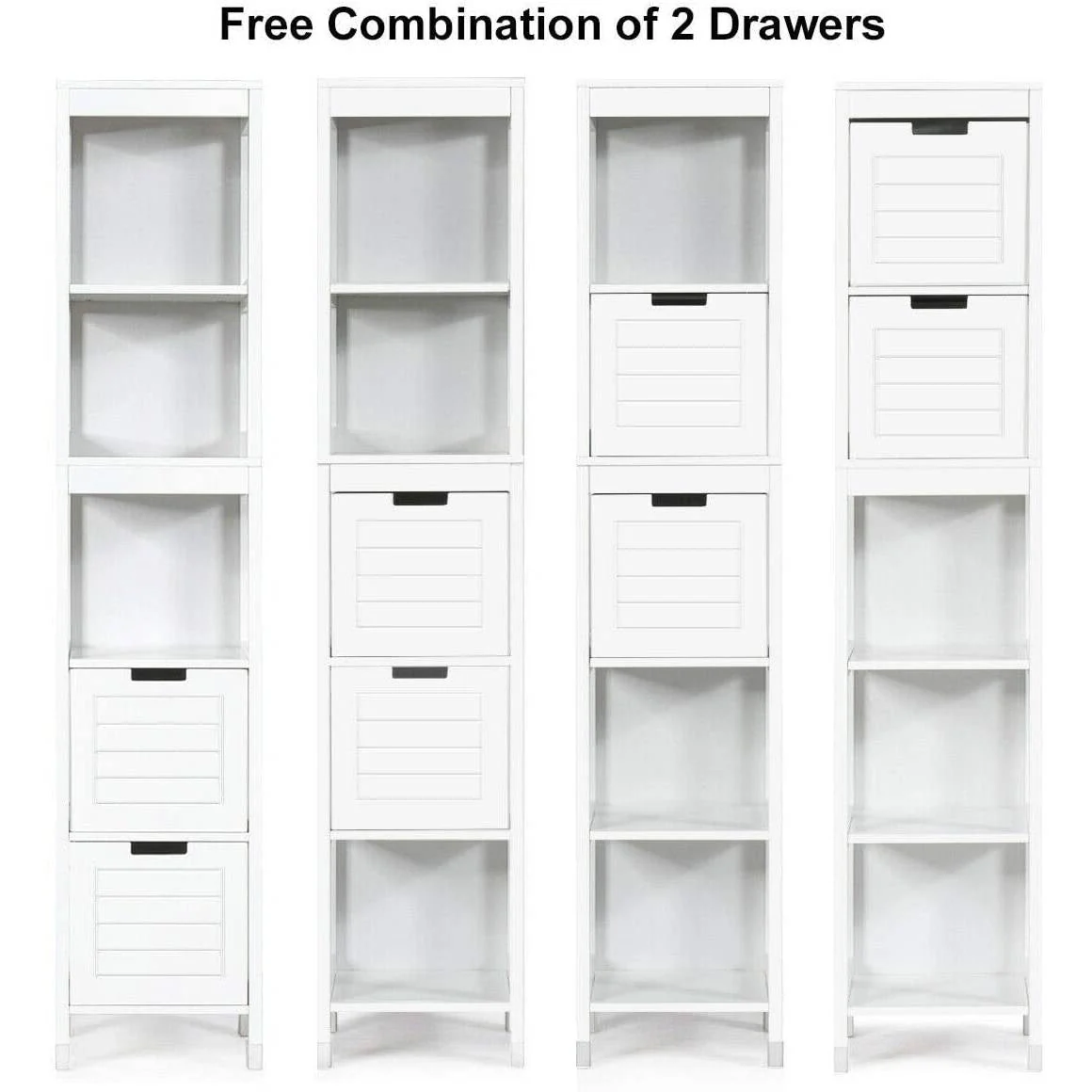 Bathroom Cabinet Tower with 2 Storage Drawers and 3 Shelves in White Wood Finish - Image 4