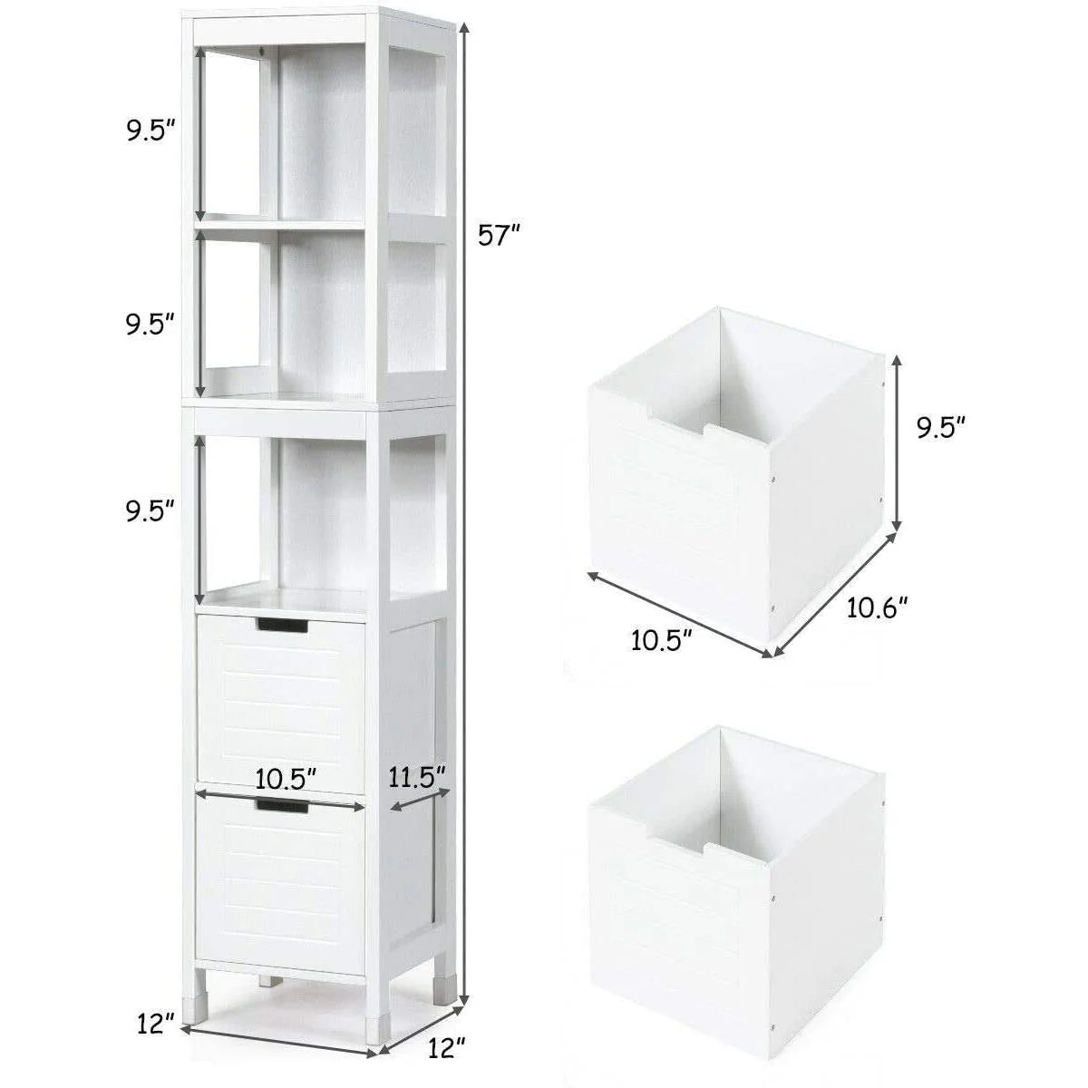 Bathroom Cabinet Tower with 2 Storage Drawers and 3 Shelves in White Wood Finish - Image 5