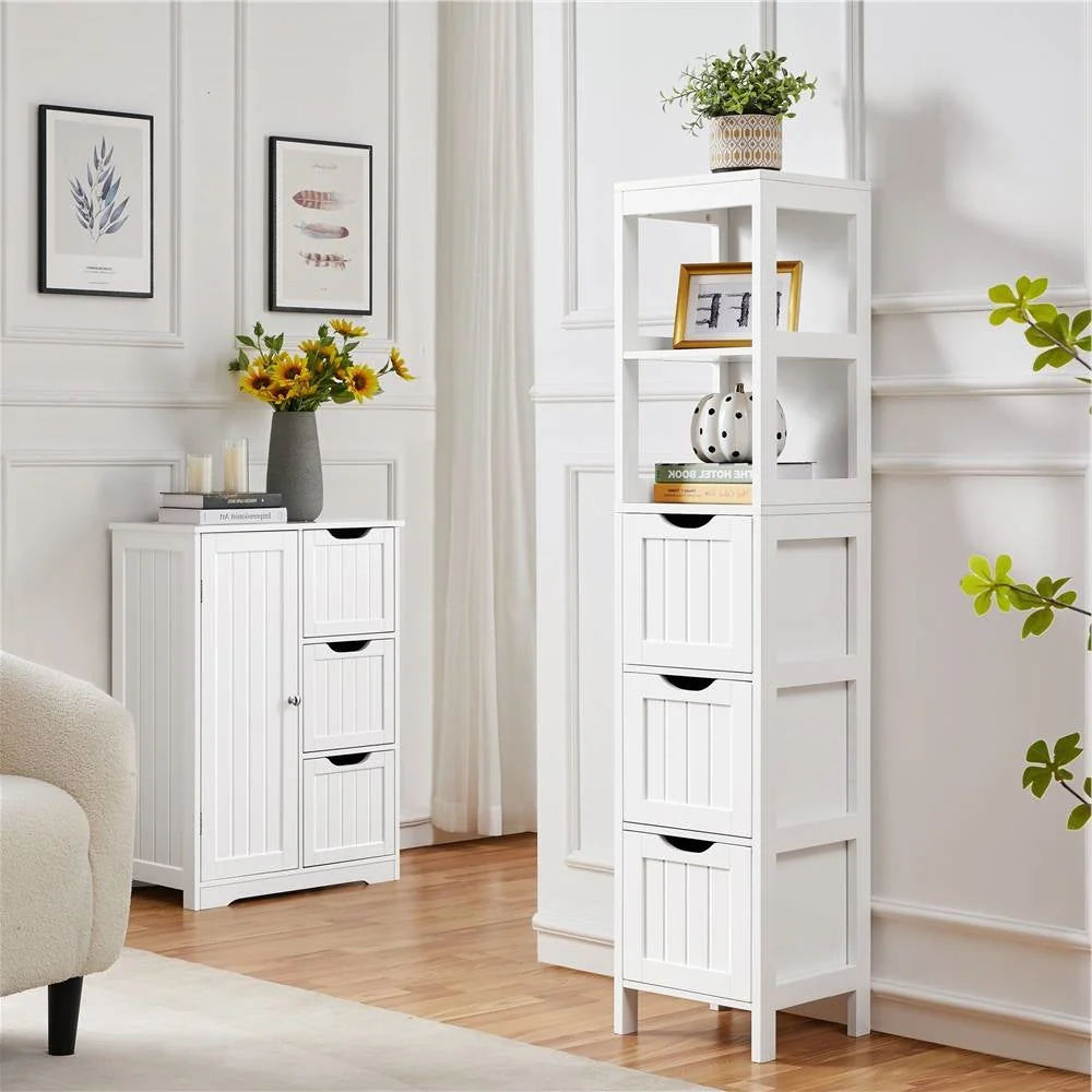 Bathroom Cabinet Tower with 3 Storage Drawers and 2 Shelves in White Wood Finish - Image 2