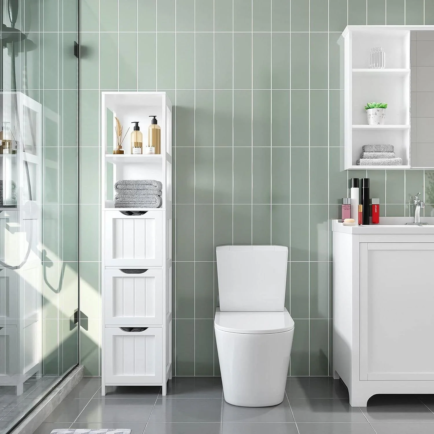 Bathroom Cabinet Tower with 3 Storage Drawers and 2 Shelves in White Wood Finish - Image 3