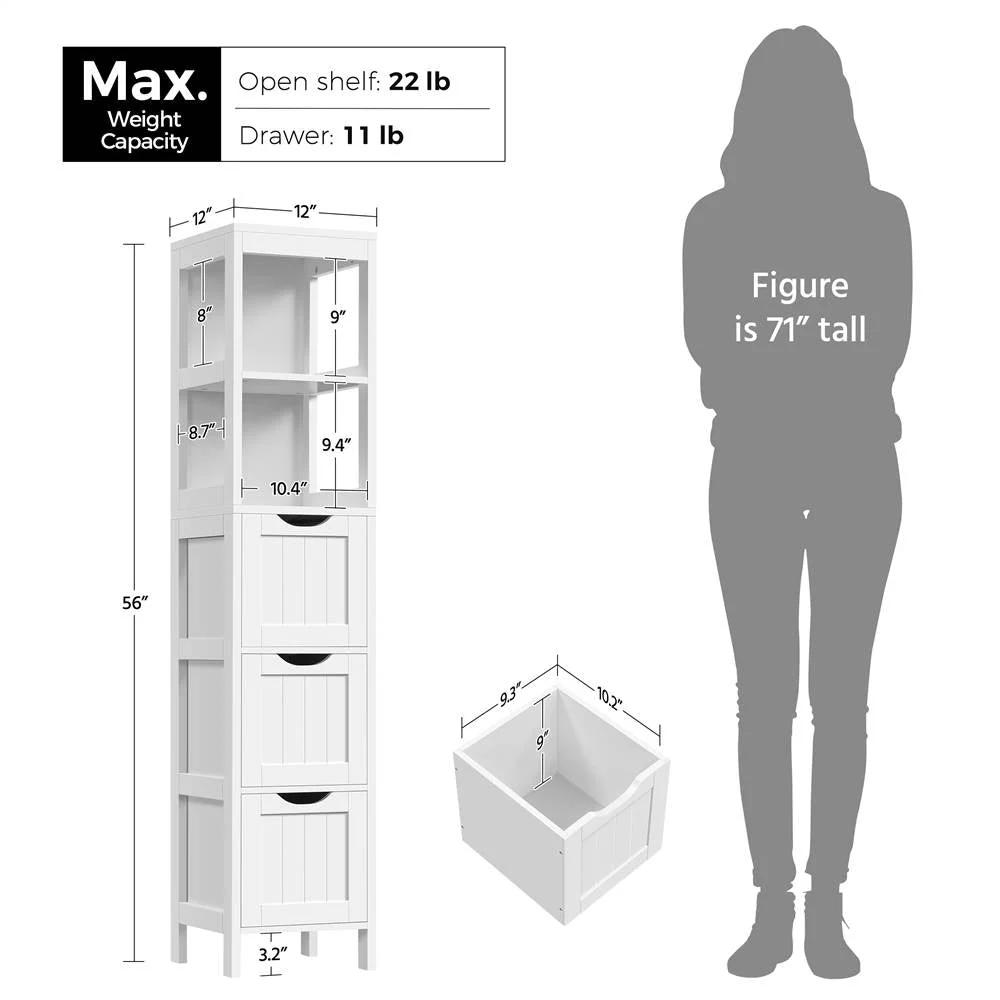 Bathroom Cabinet Tower with 3 Storage Drawers and 2 Shelves in White Wood Finish - Image 5