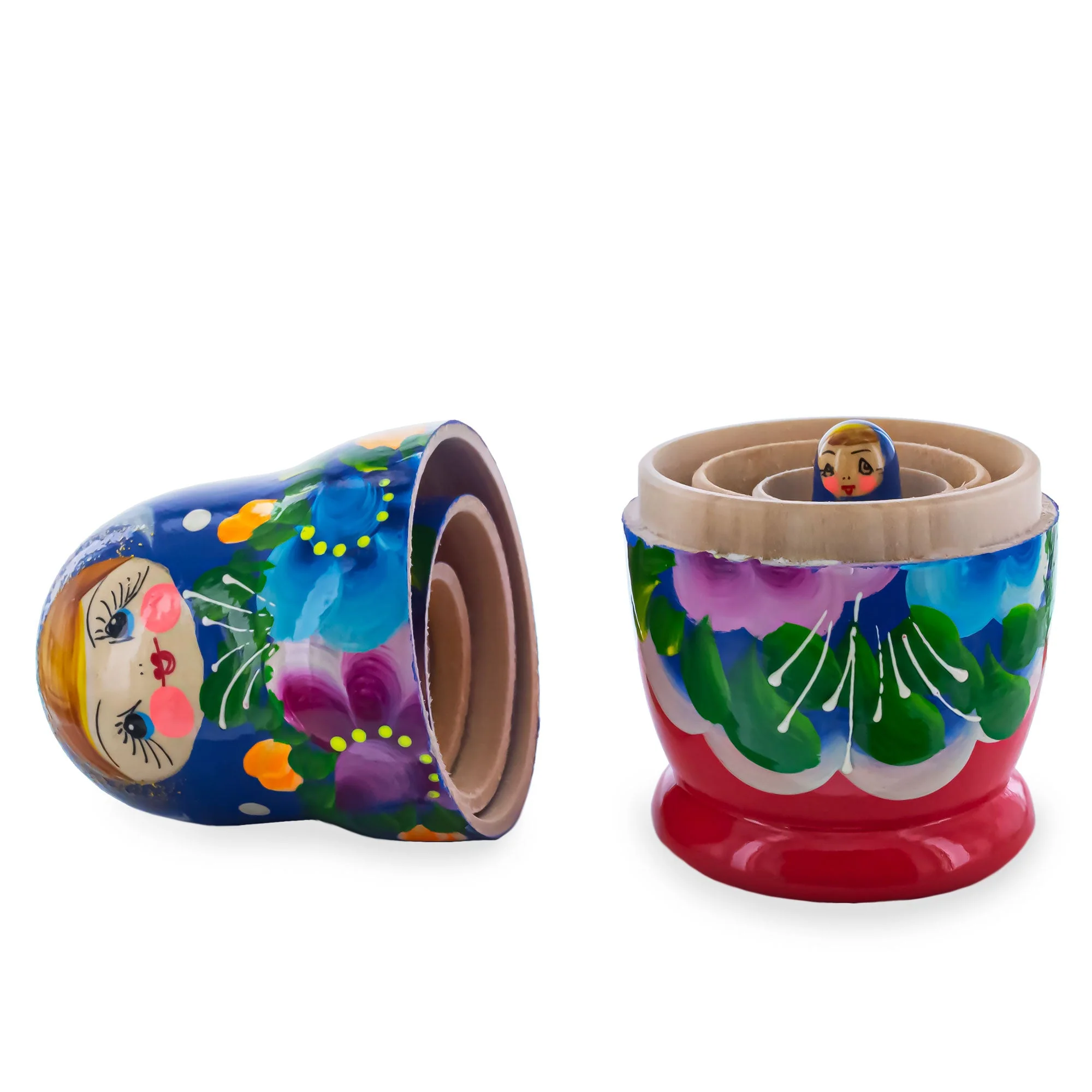 Beautiful Wooden  with Blue Color Hood and Gold Flowers Nesting Dolls - Image 3