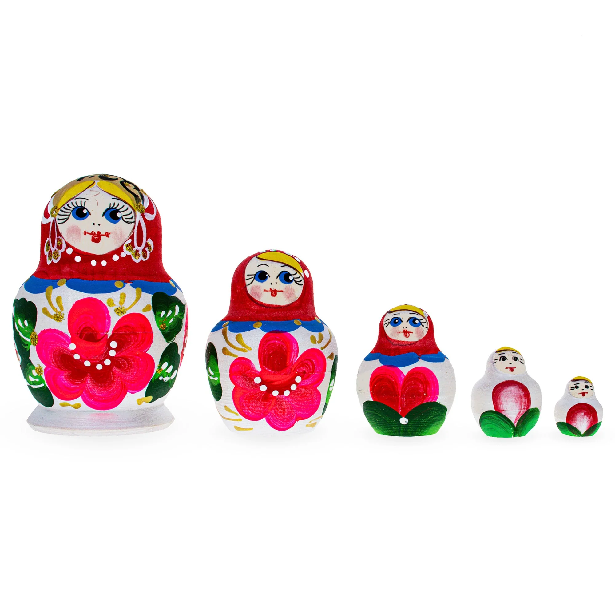 Beautiful Wooden with Red Color Hood and Pink Flowers Nesting Dolls
