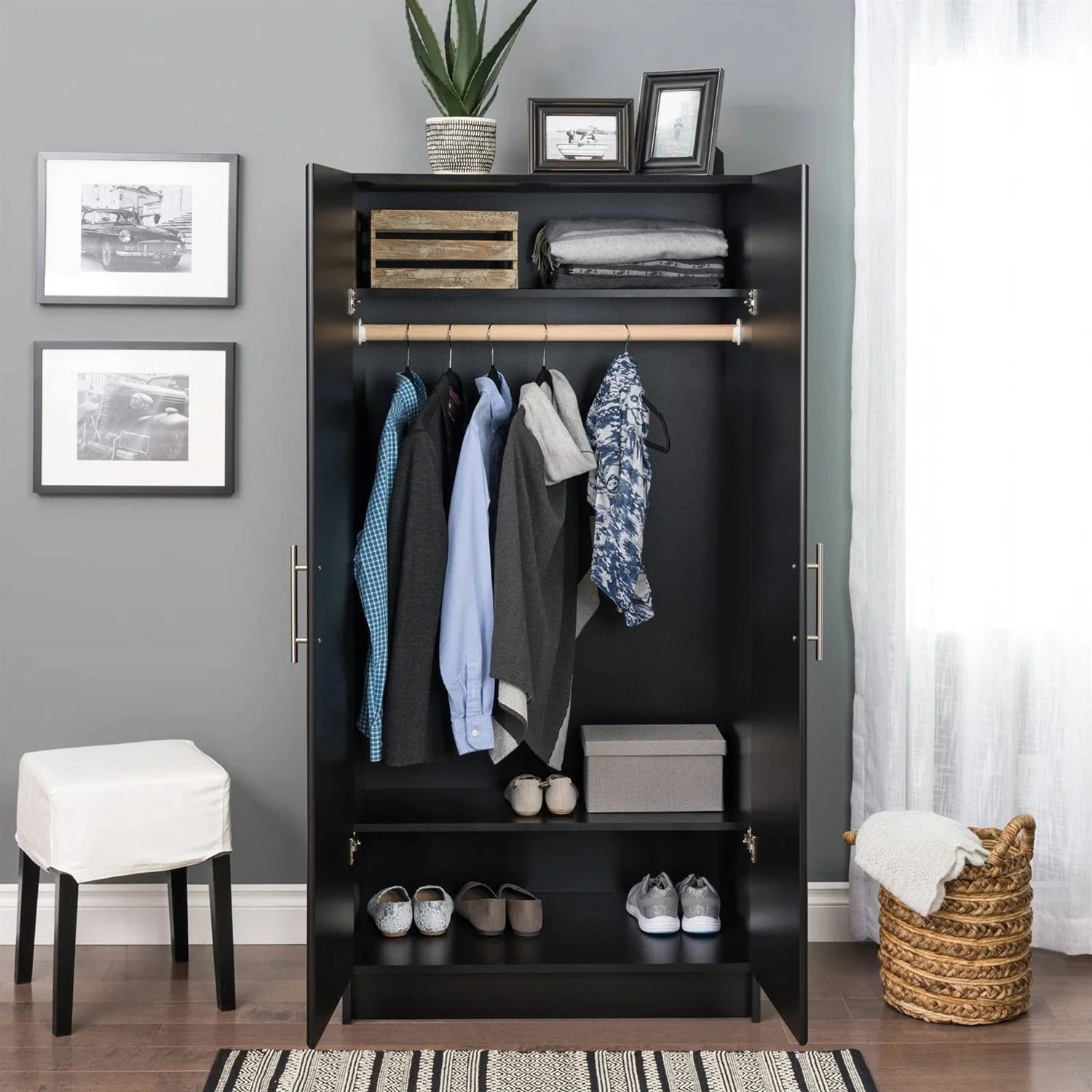 Bedroom Armoire Wardrobe Cabinet with Hanging Rail in Black Wood Finish - Image 2