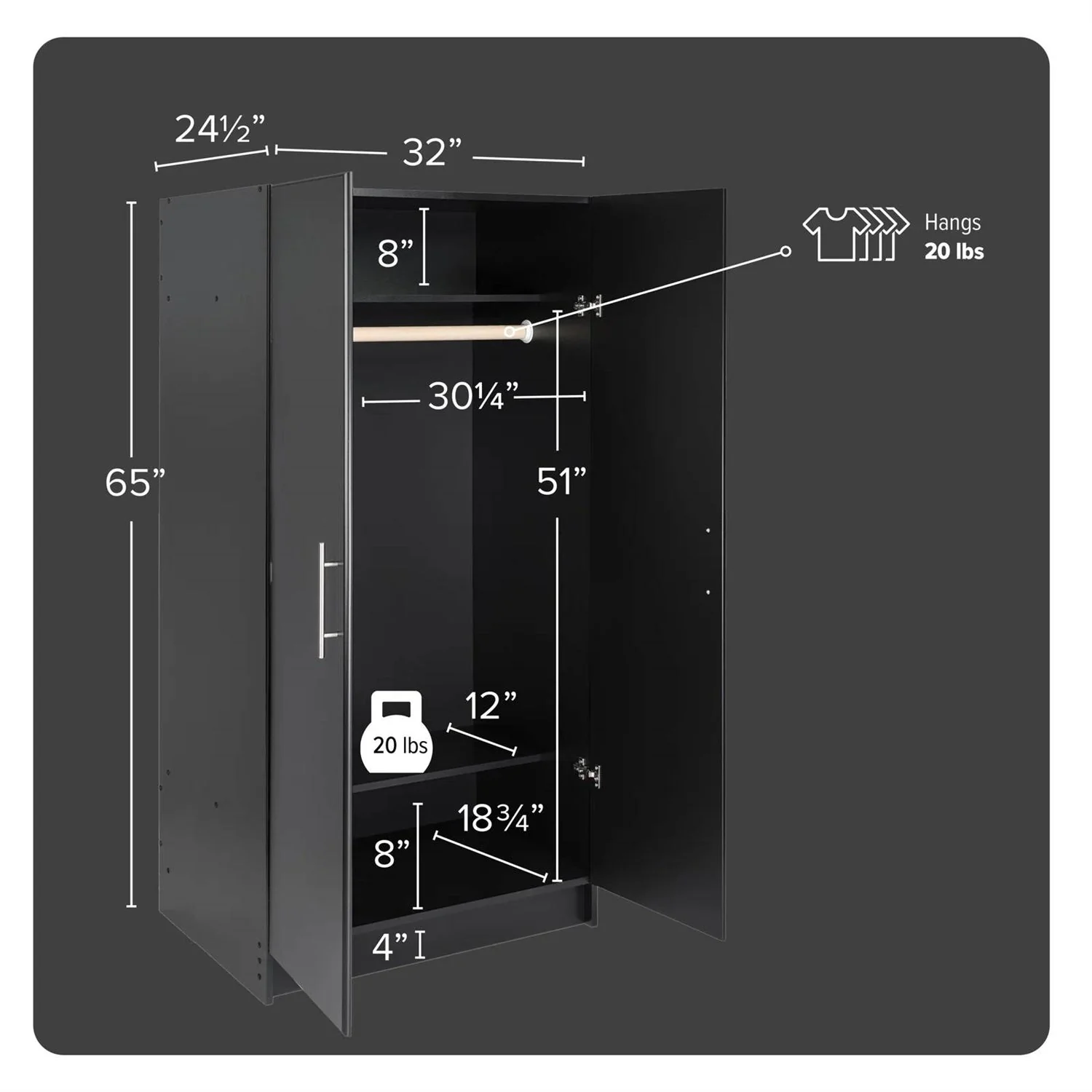 Bedroom Armoire Wardrobe Cabinet with Hanging Rail in Black Wood Finish - Image 5