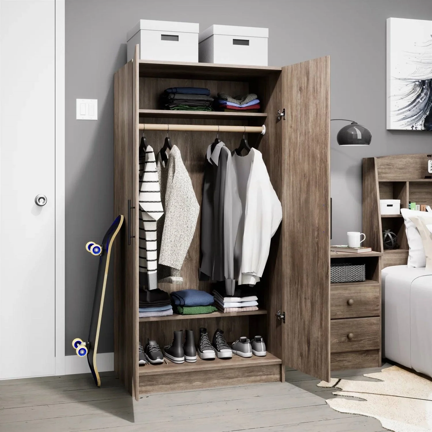 Bedroom Armoire Wardrobe Cabinet with Hanging Rail in Grey Brown Wood Finish - Image 2
