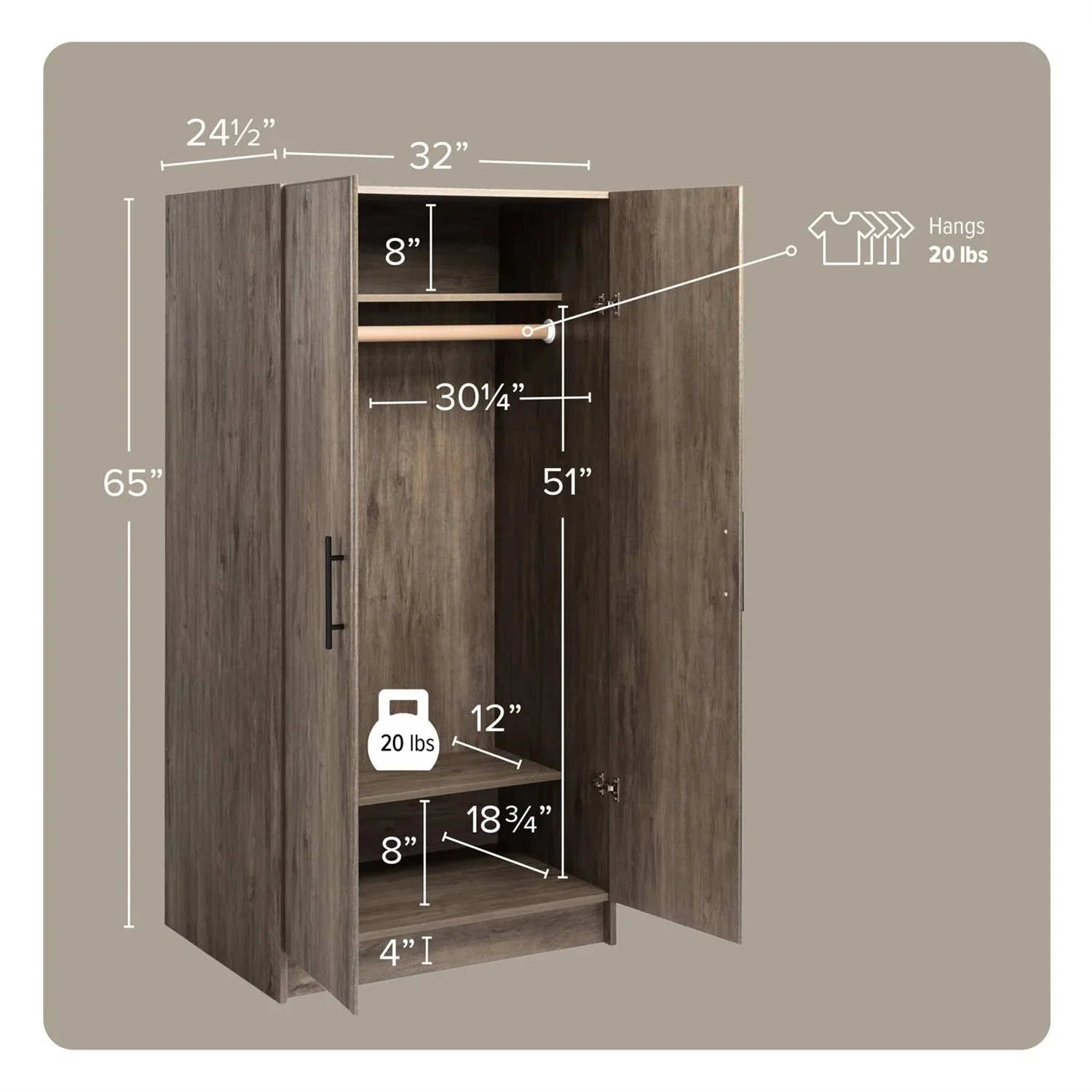 Bedroom Armoire Wardrobe Cabinet with Hanging Rail in Grey Brown Wood Finish - Image 5