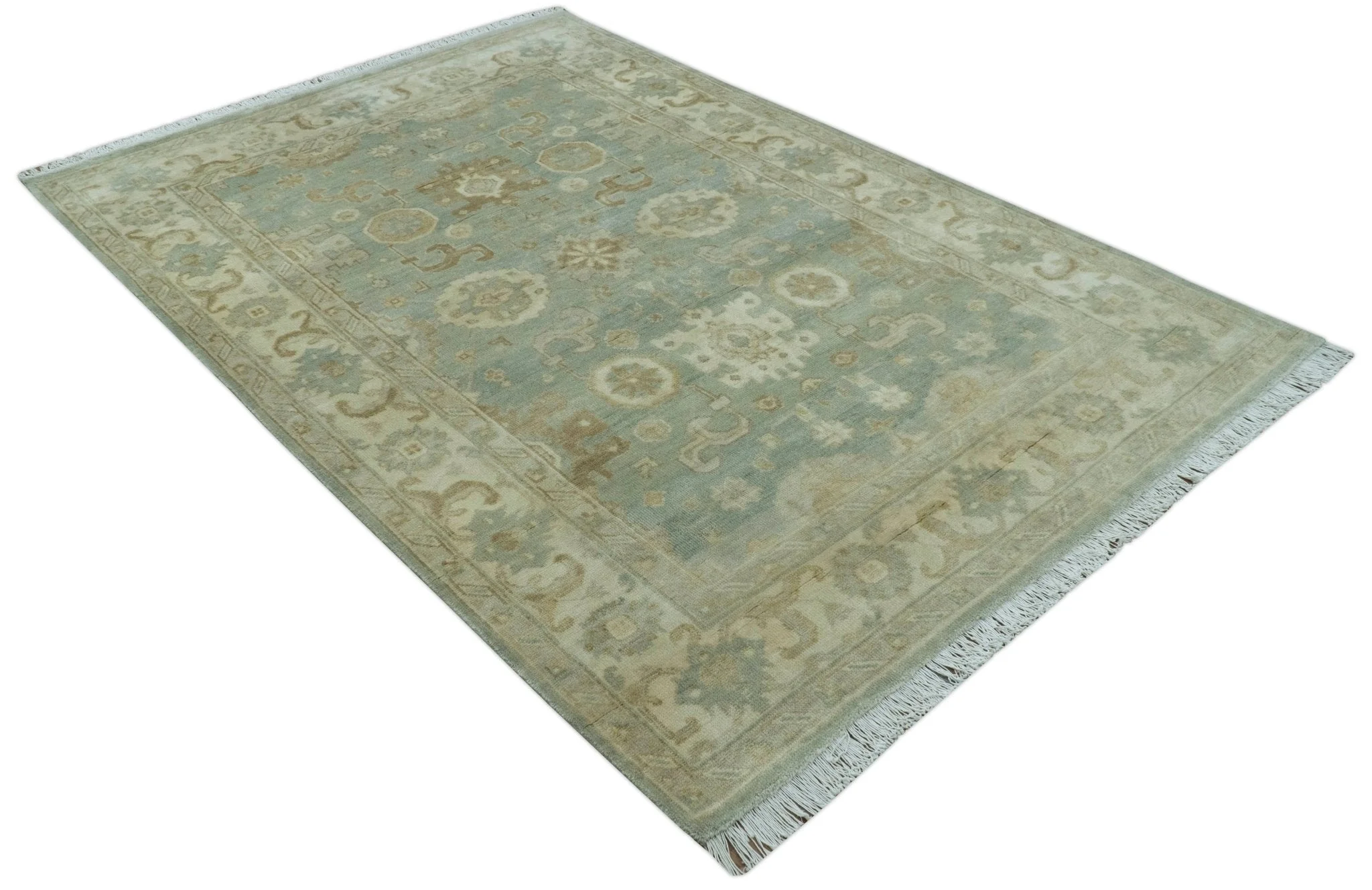 Beige And Blue Traditional Oushak Design  6x9 Hand Knotted Wool Area Rug - Image 10