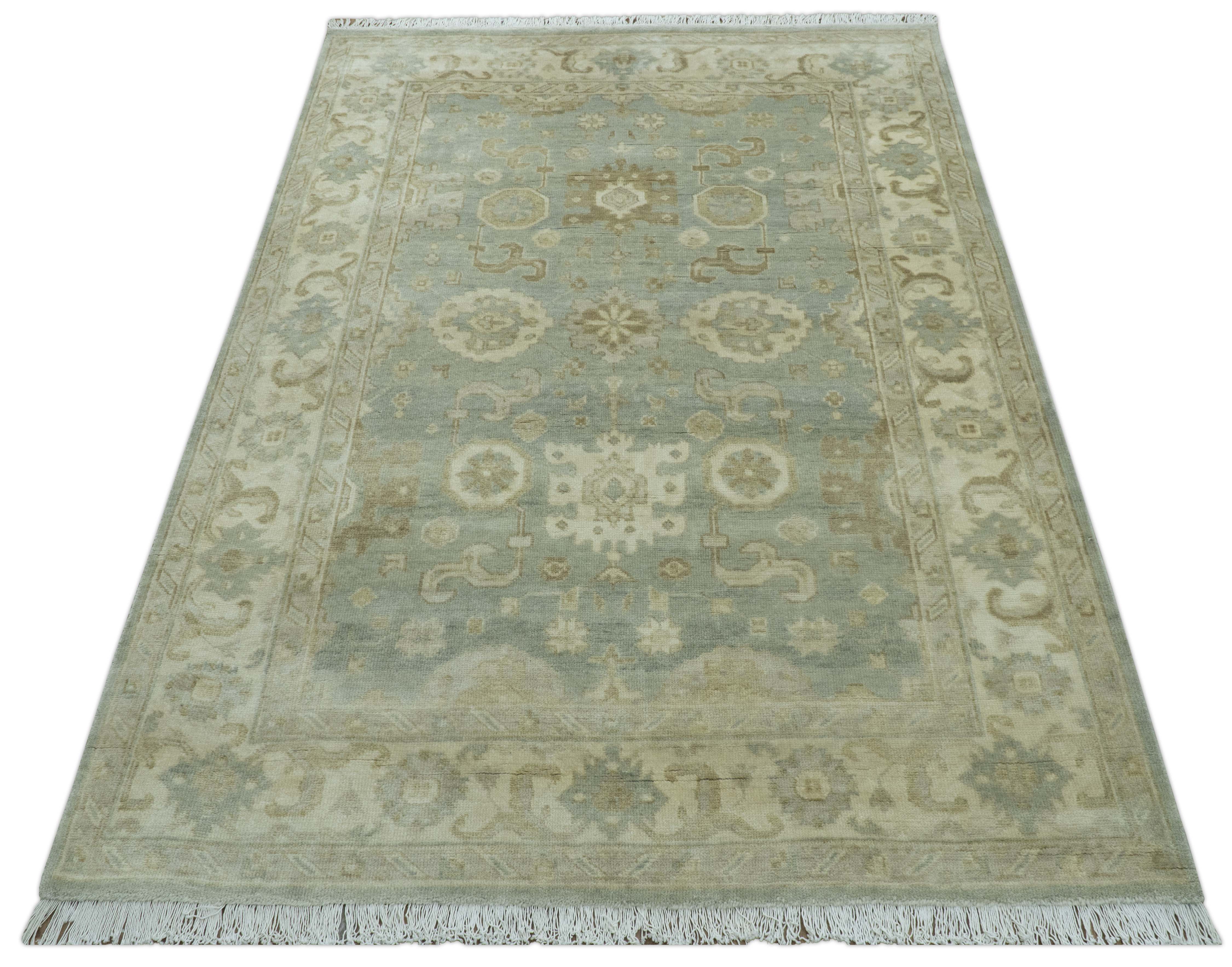 Beige And Blue Traditional Oushak Design  6x9 Hand Knotted Wool Area Rug - Image 9