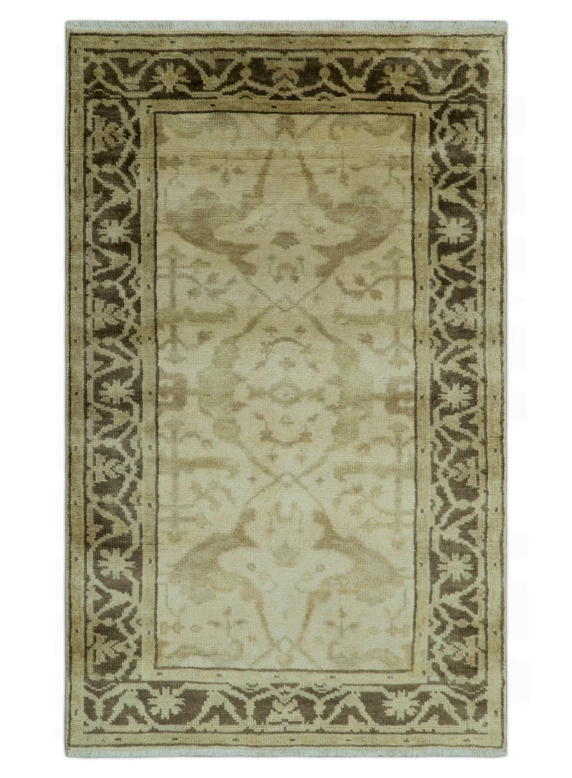 Beige And Brown Traditional Oushak Design Hand Knotted 3x5 Wool Area Rug