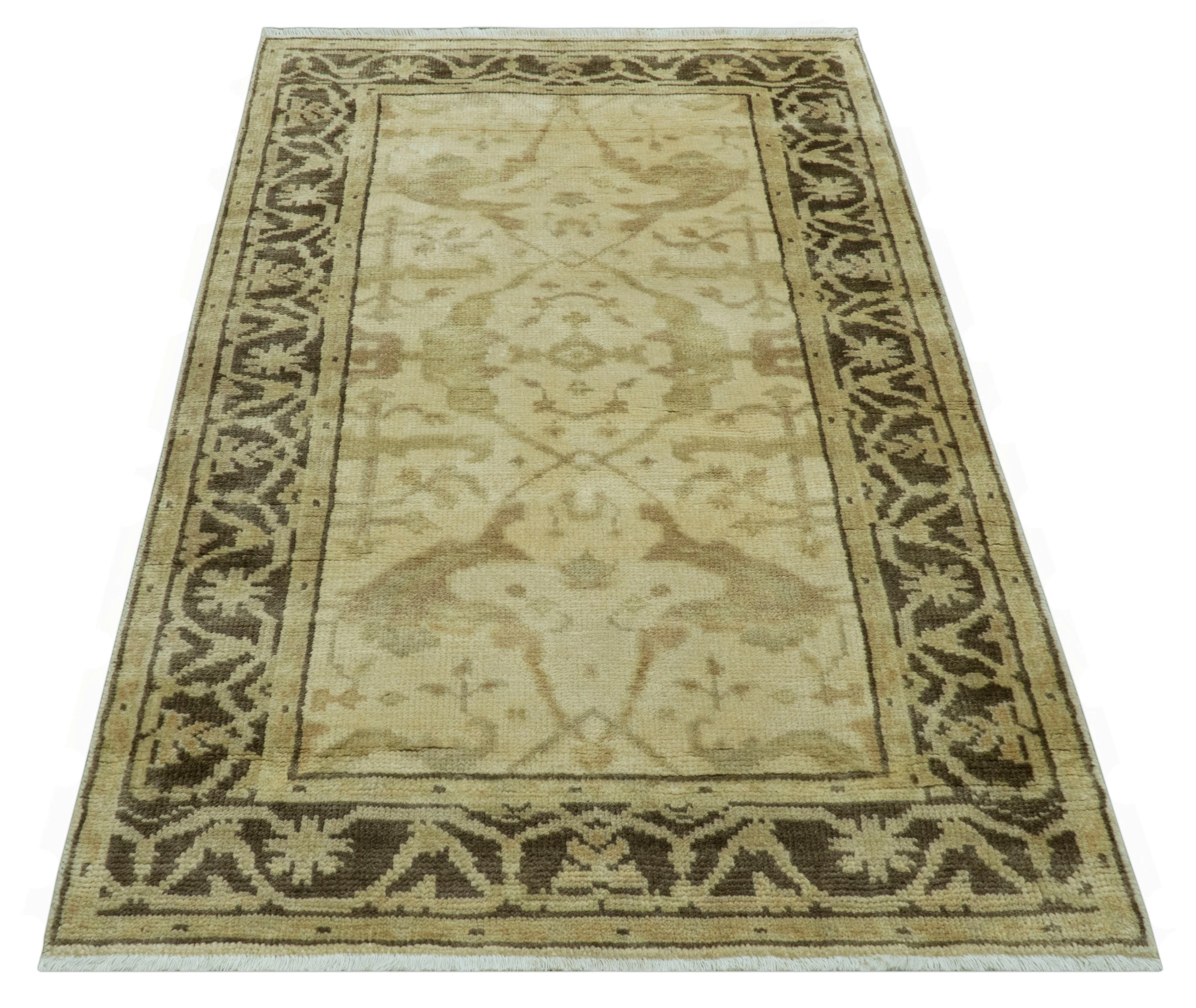 Beige And Brown Traditional Oushak Design Hand Knotted 3x5 Wool Area Rug - Image 8