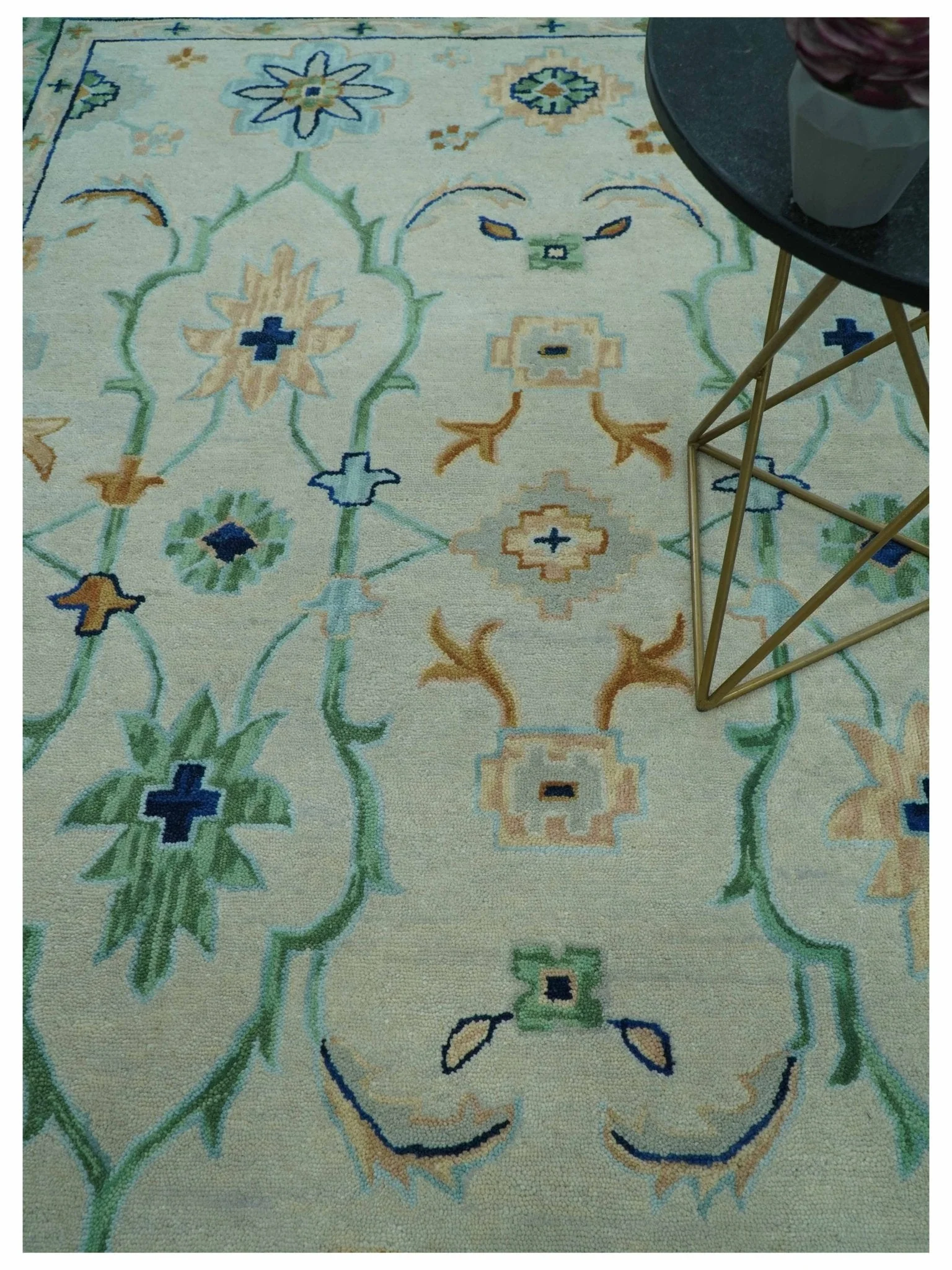 Beige and Green traditional Floral Oriental Oushak Hand Tufted Multi Size wool rug - Image 3